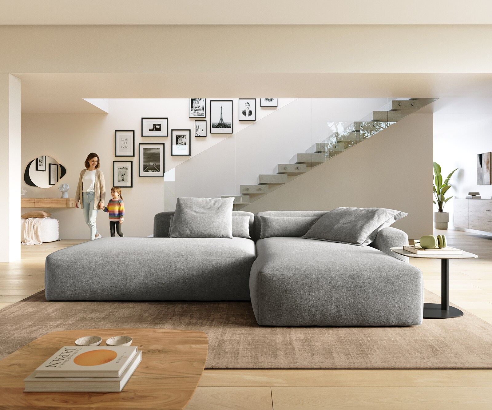 Ъглов диван Freestyle 310x200 cm текстурирана тъкан мек сив шев