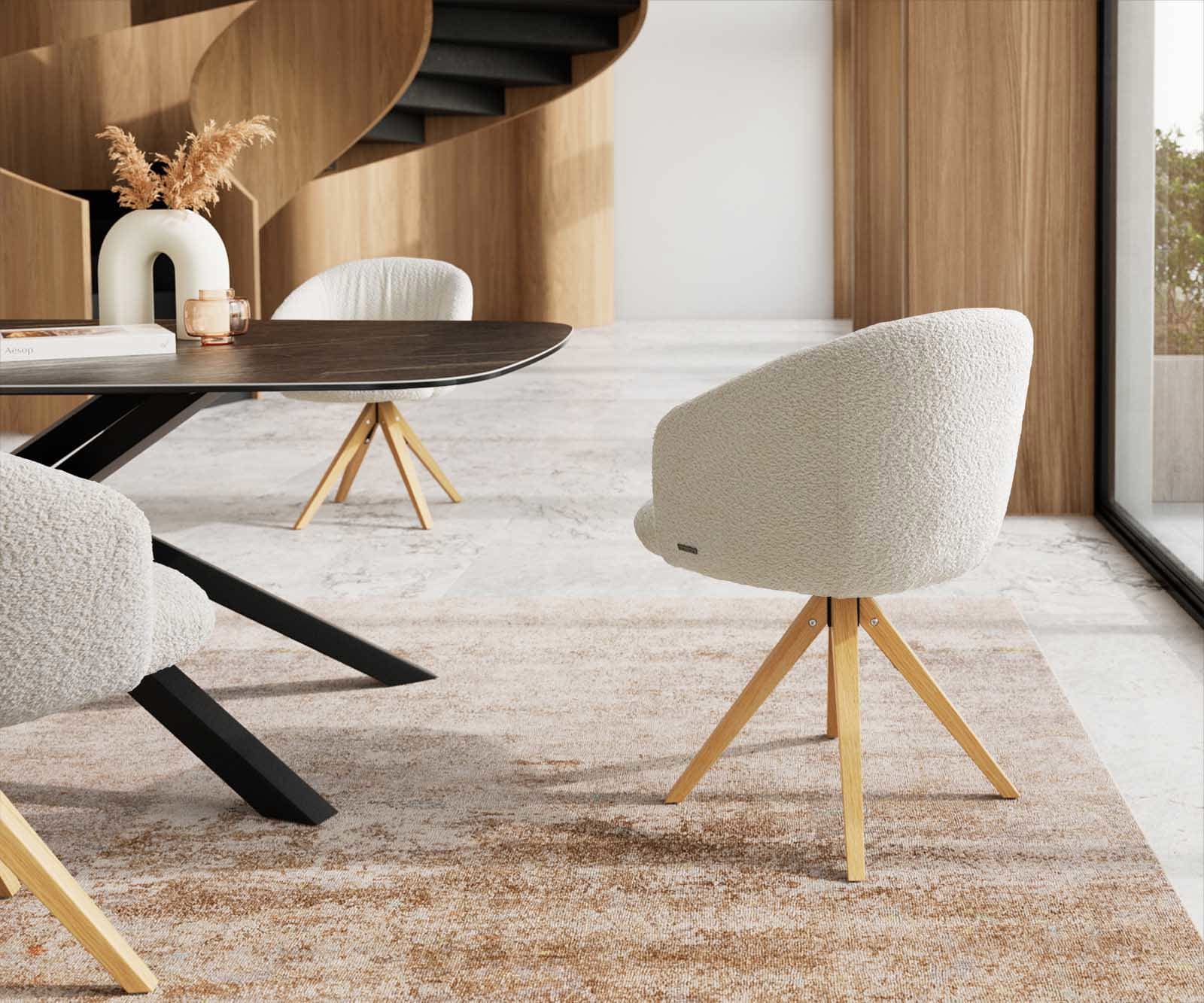 Врътящ се стол с подлакътници Букле Бял Дървена рамка  Натурал 180° въртящ се Покет пружина Caja-Flex 4 Врътящ се стол с подлакътници Букле Бял Дървена рамка  Натурал 180° въртящ се Покет пружина Caja-Flex 4