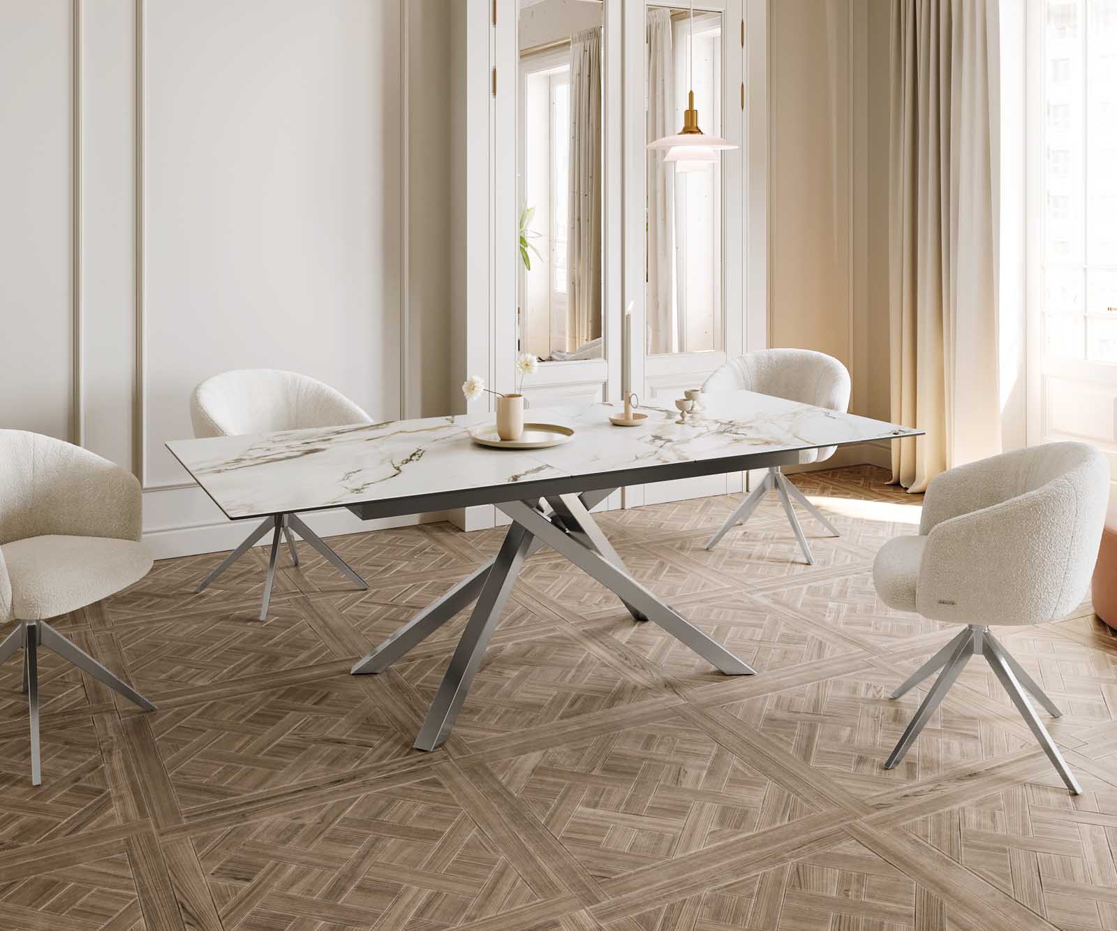 Разтегателна трапезна маса Edge 180-220х100 см Керамика Calacatta Luxe Бял-Злато-Сив Кръсртовидна основа Сребристосив 8