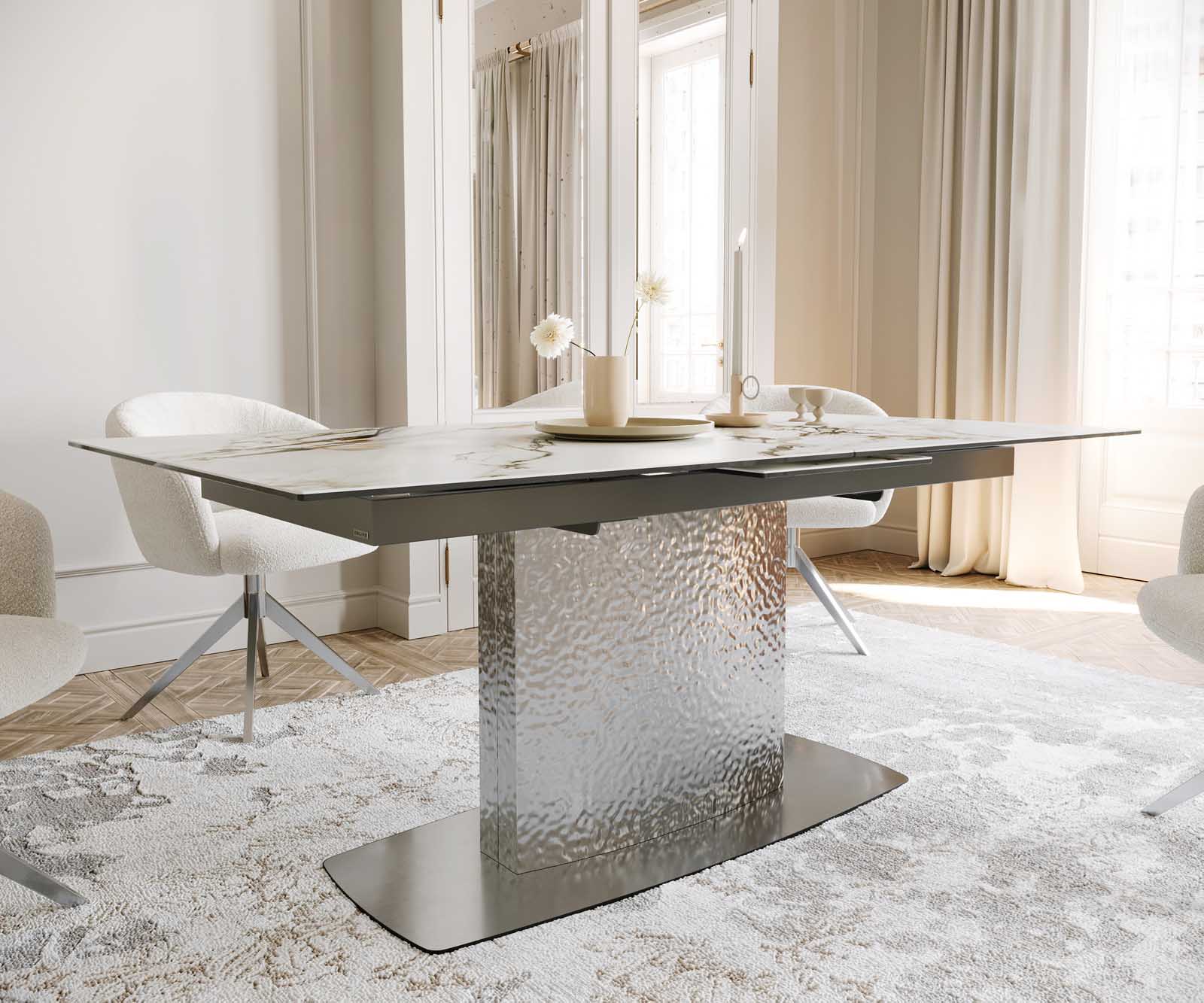 Разтегателна трапезна маса Edge 180-220х100 см Керамика Calacatta Luxe Бял-Злато-Сив Един крак основа Сребристосив 6