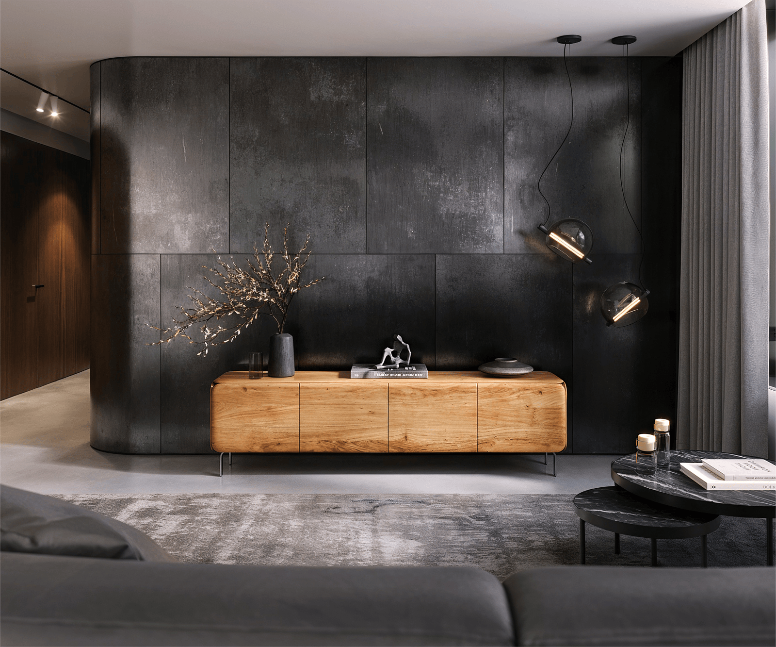 Нисък шкаф Shavani 200 см, естествена акация, 4 врати L-крак от неръждаема стомана сребро 1