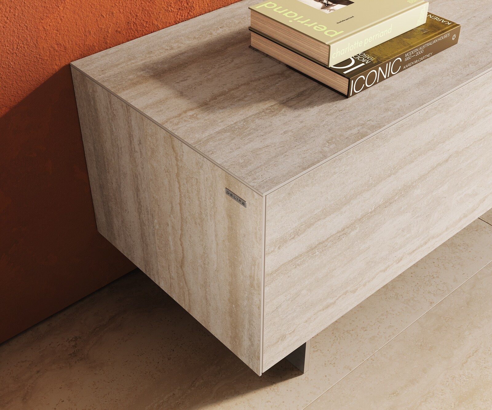 Ниска дъска Cuor 220 cm Керамичен ламинат® Travertino Bianco Крем-бяло 1 клапа 2 чекмеджета Основа Плаващ вид неръждаема стомана 6