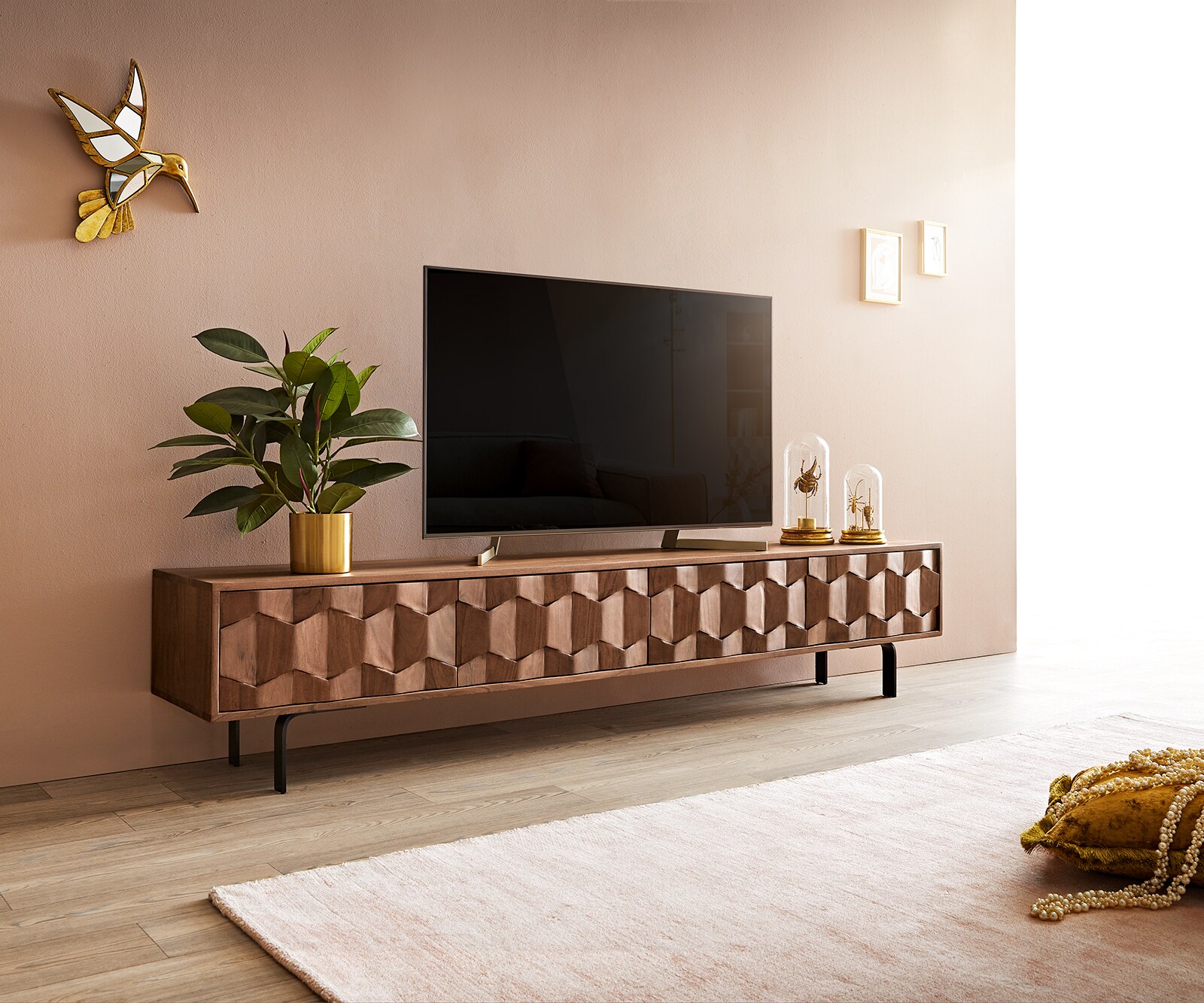 ТВ шкаф Fevo 200 cm, Масив Акация, 4 Врати, Г-Крак, Кафяв