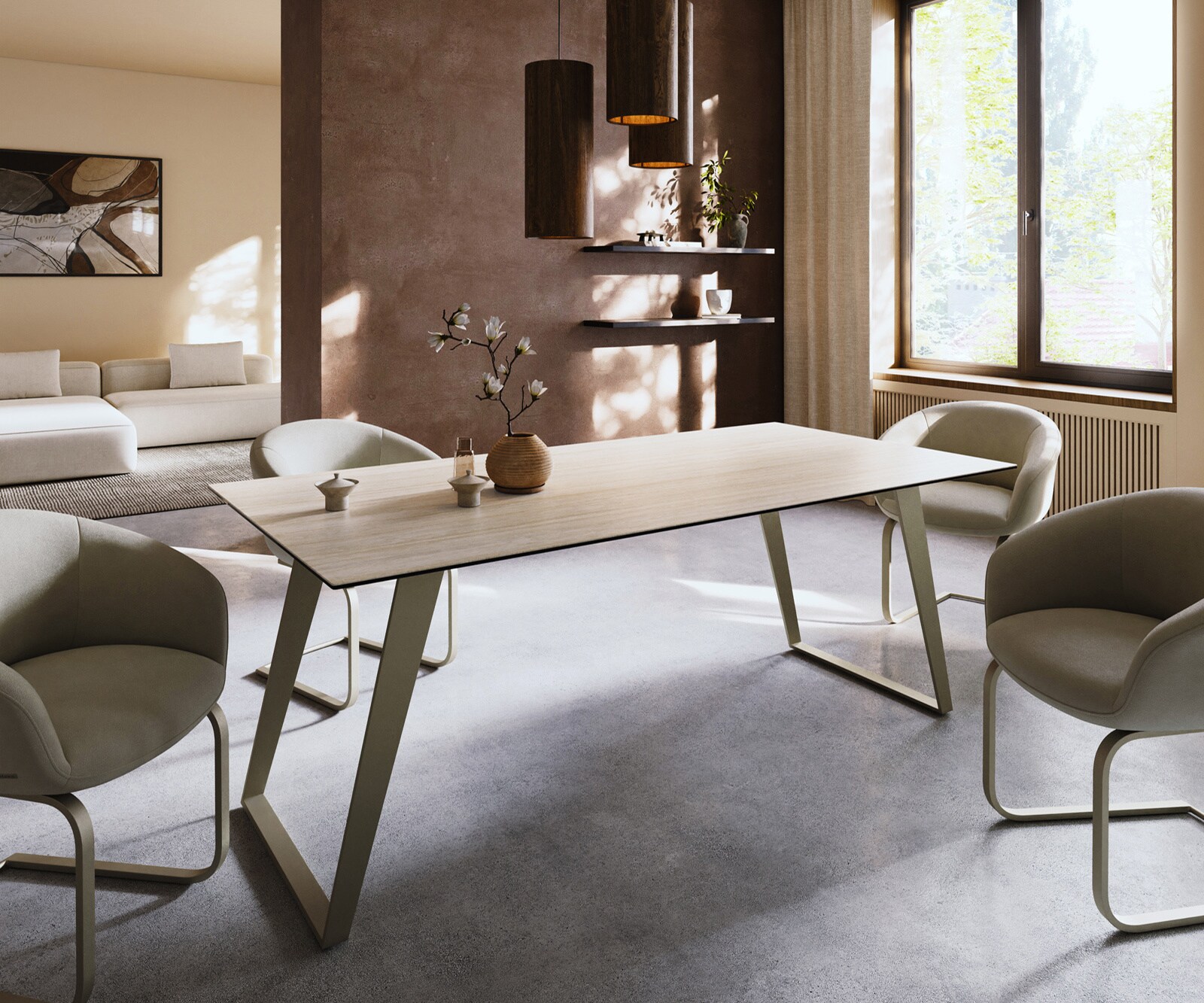 Трапезна маса Edge 200x100, керамика Laminam „®“, Travertino Bianco, кремаво-бяла, метал, наклонена повърхност с ефект „Титан“ 1