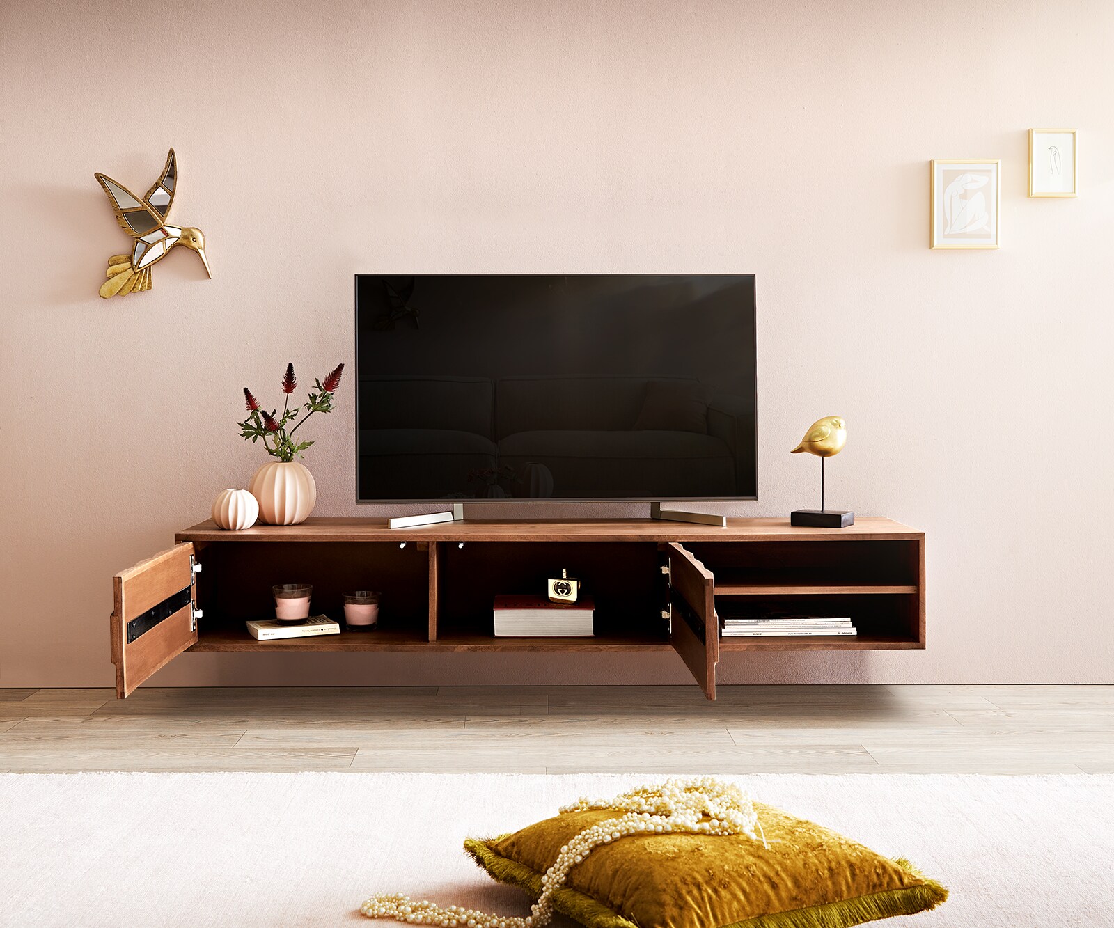 ТВ шкаф за стена Fevo 160 cm Масив Акация, 2 Врати, Кафяв  3