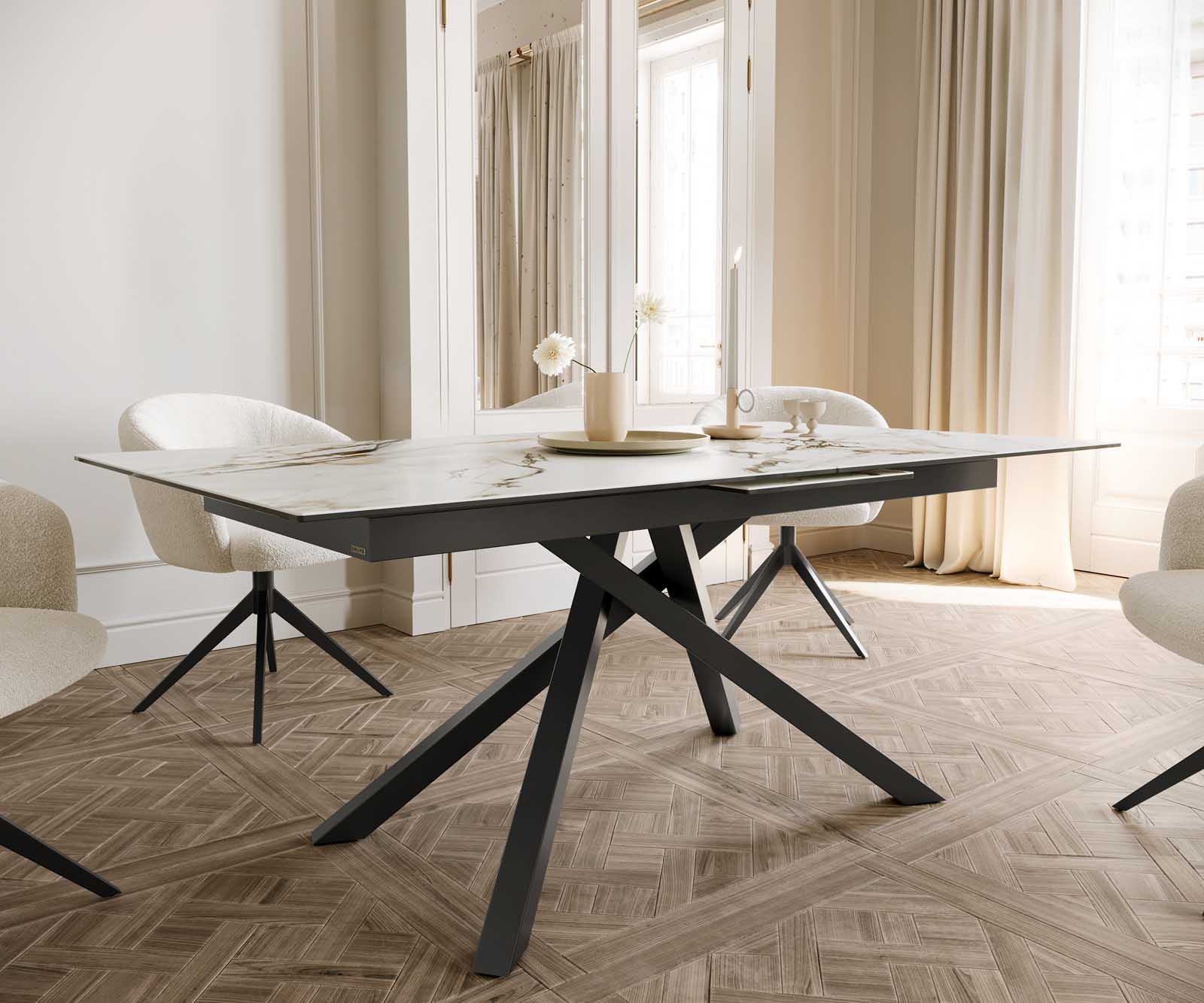 Разтегателна трапезна маса Edge 180-220х100 см Керамика Calacatta Luxe Бял-Злато-Сив Кръсртовидна основа Черен 6