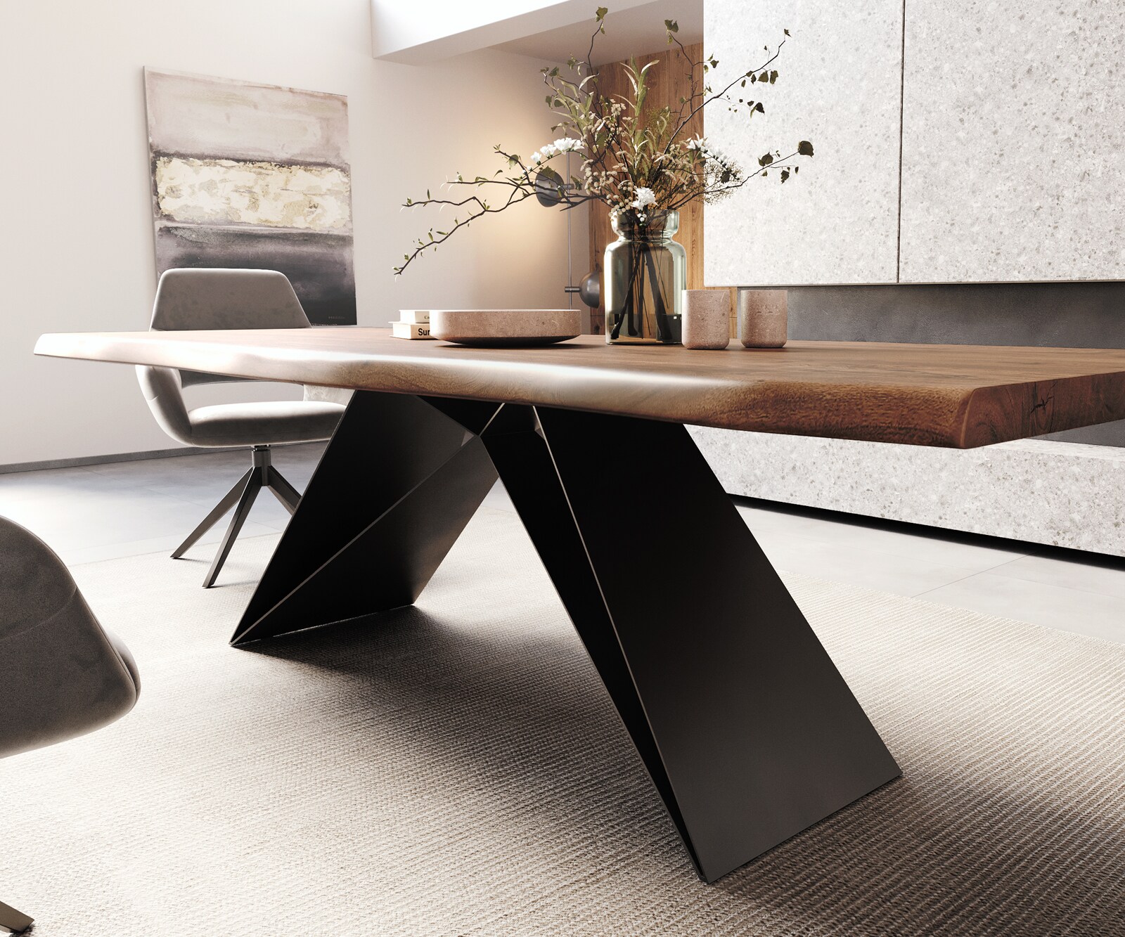 Трапезна маса Edge 260x100 XL от акация, кафява, с V-образна рамка от плоска стомана, черна, с естествена дървесна повърхност 4