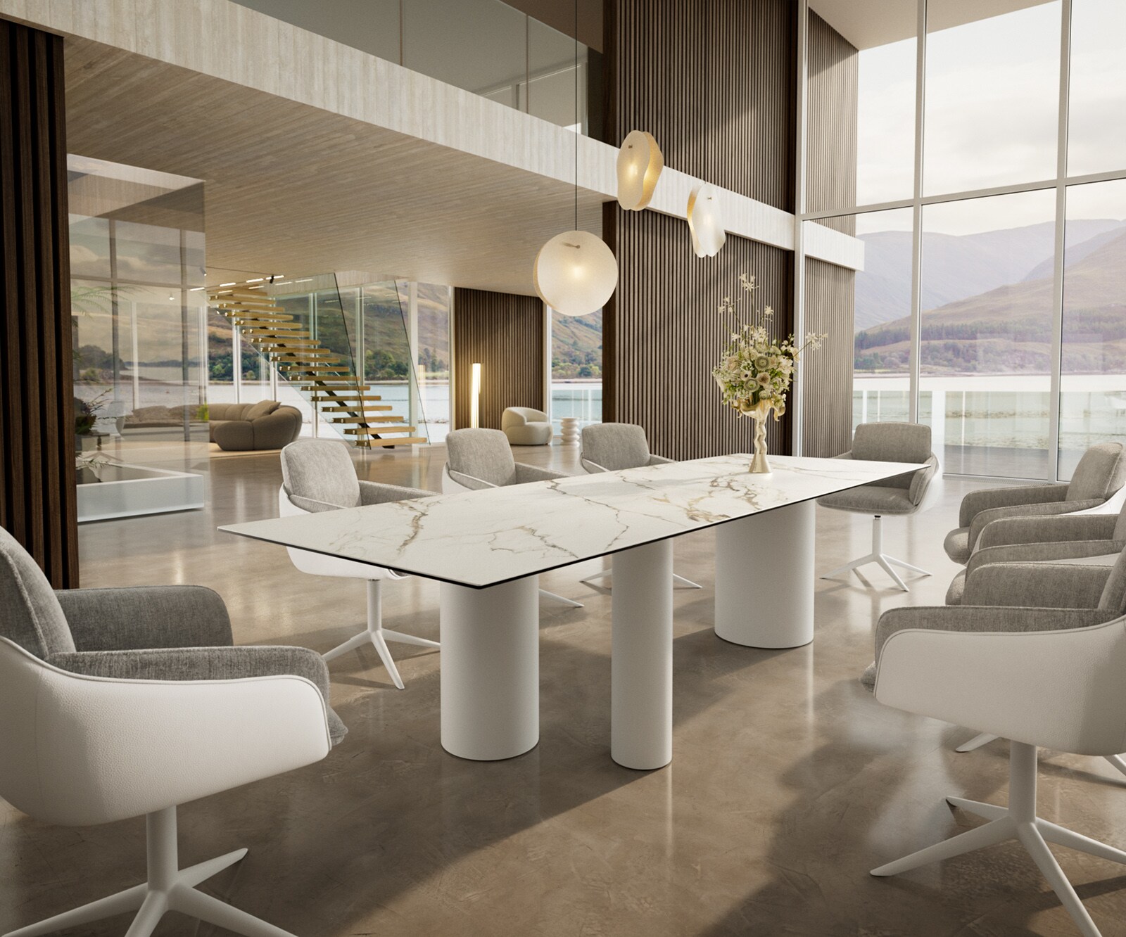 Трапезна маса Edge 300x100, керамика Calacatta Luxe, бяло-златно-сиво, метал Troa, бял 5