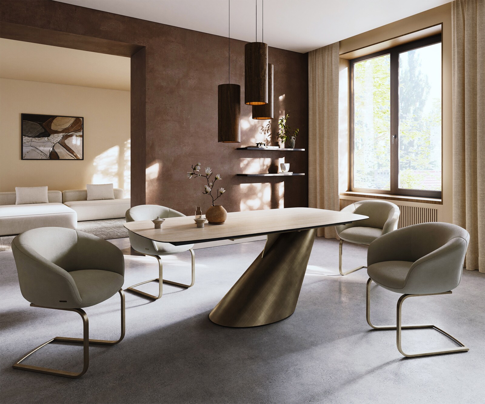 Трапезна маса Edge Boot 200x100 Керамичен ламинат® Travertino Bianco Крем-бяло Cono Metallic Gold 7