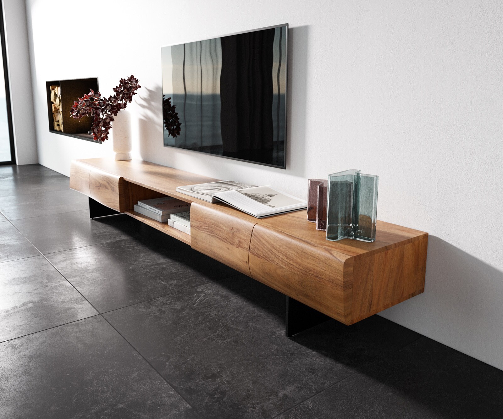 Нисък шкаф New Live-Edge 240 cm естествена акация 4 врати 1 отделение основа плаващ метал черен 2