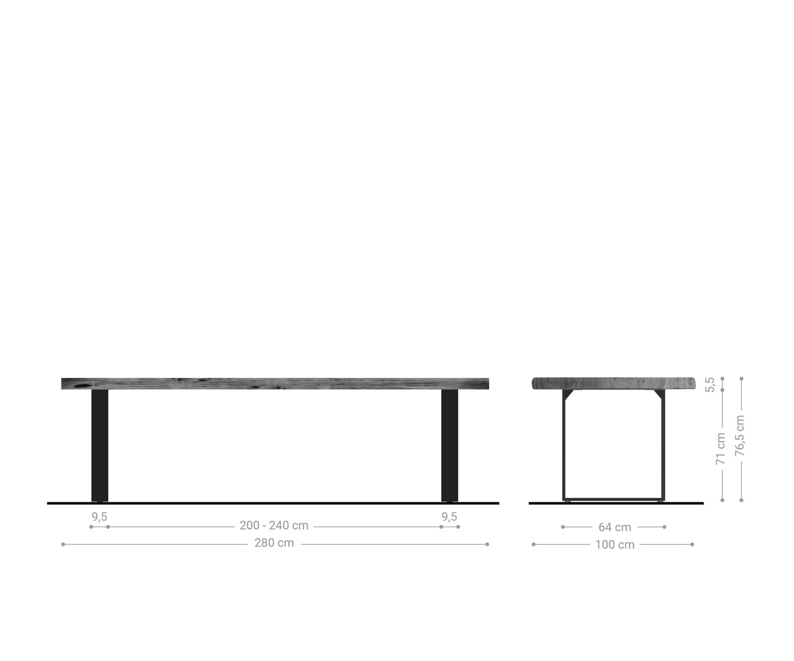 Маса 280x100cm XL Акация Натурал Неръждаема стомана Тесен профил Edge 6