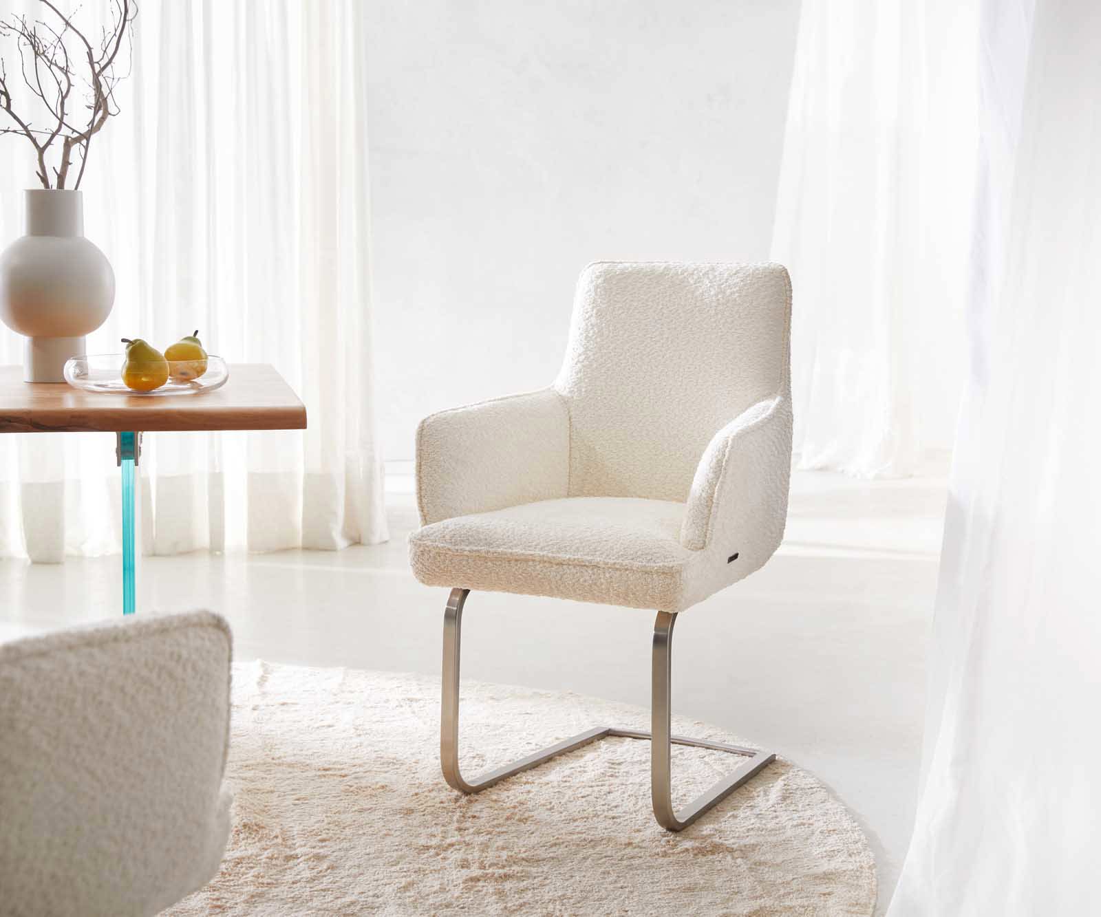 Люлеещ стол с подлакътници Букле Бял Конзолен крак плосък Неръждаема стомана Покет пружина Heira-Flex Люлеещ стол с подлакътници Букле Бял Конзолен крак плосък Неръждаема стомана Покет пружина Heira-Flex