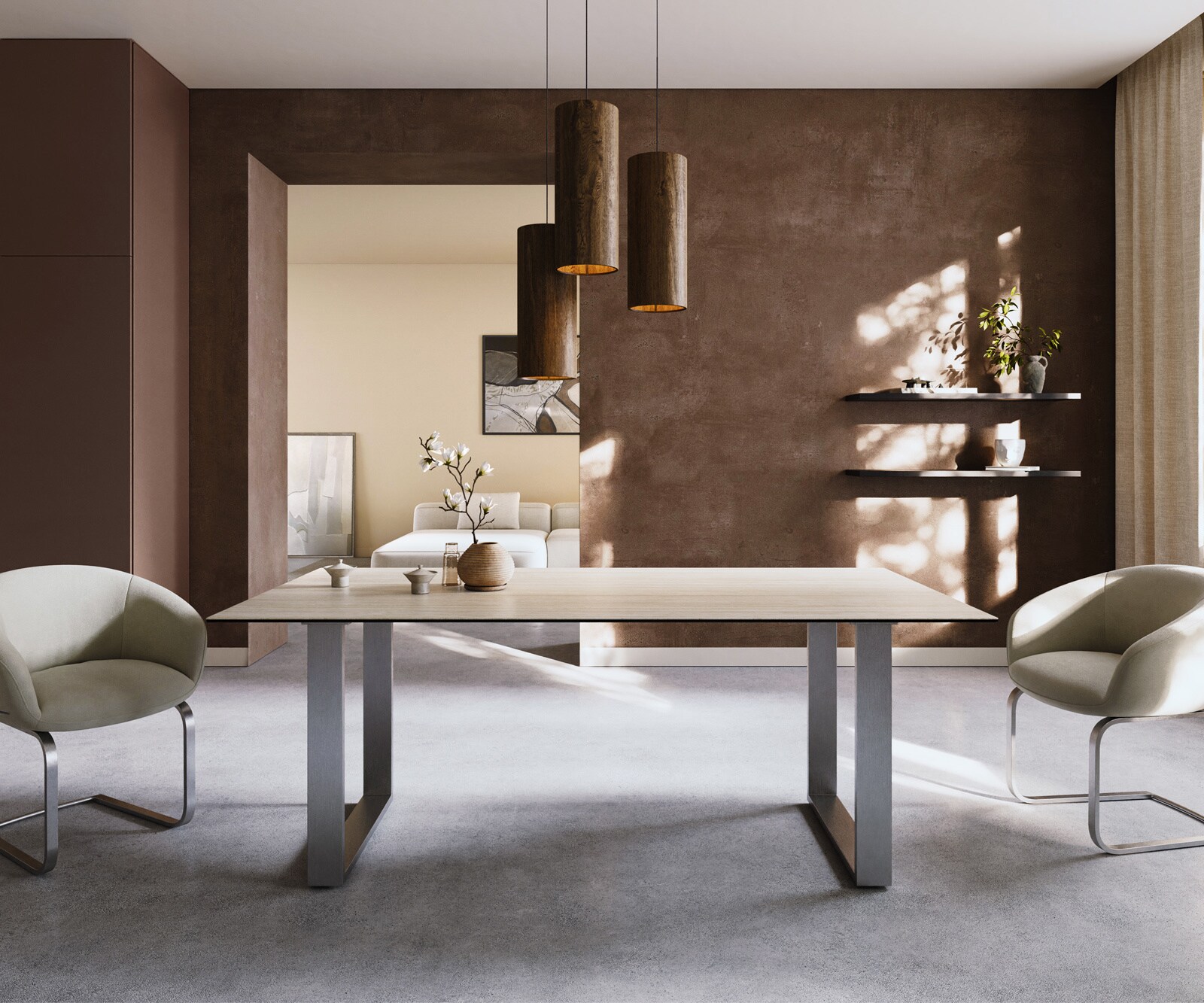 Трапезна маса Edge 200x100, керамика Laminam „®“, Travertino Bianco, кремаво-бяла, неръждаема стомана, тясна