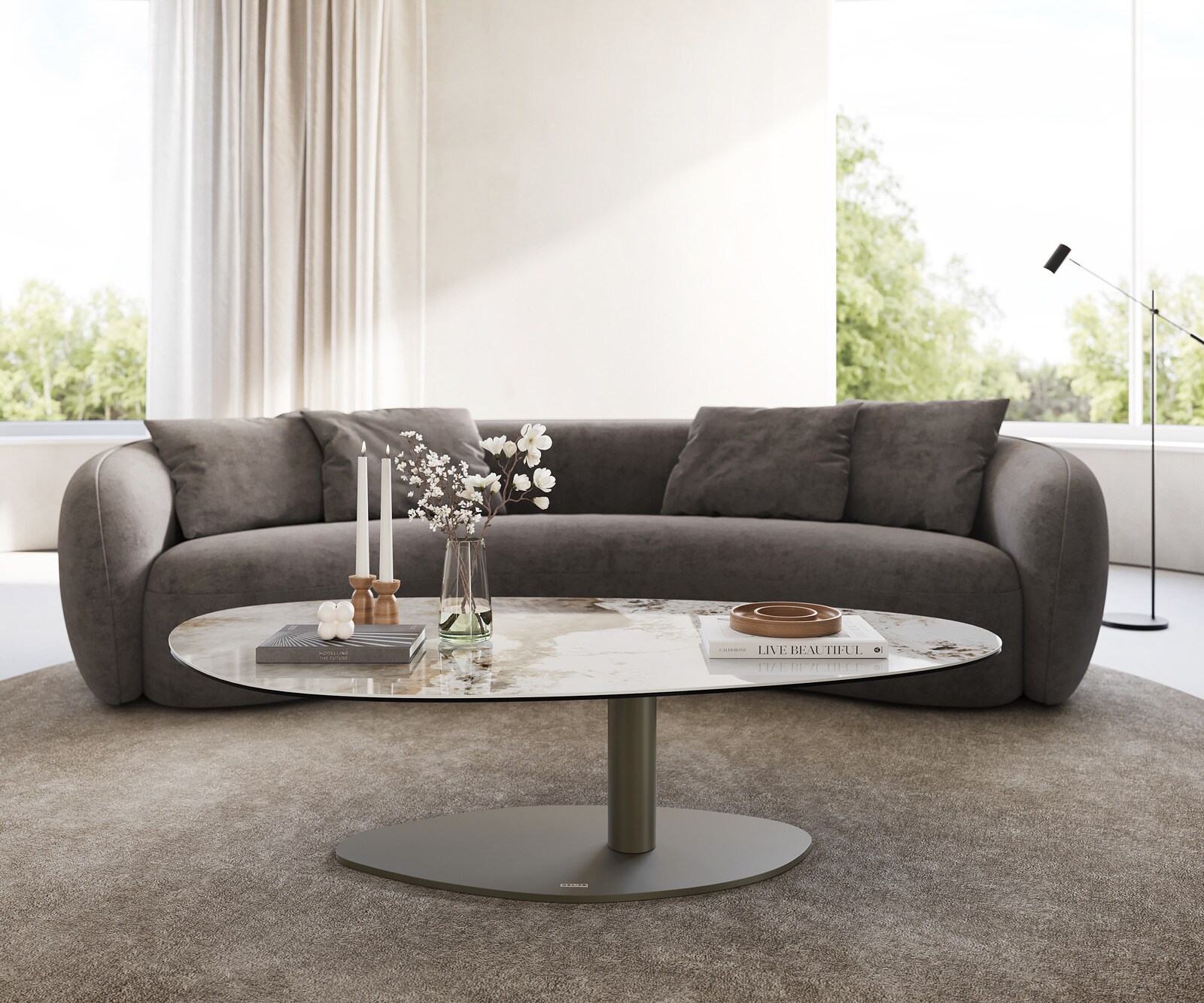 Масичка за кафе Edge Oval 140x75 cm керамика Minas Melange Vibany метален ефект покритие титан 2