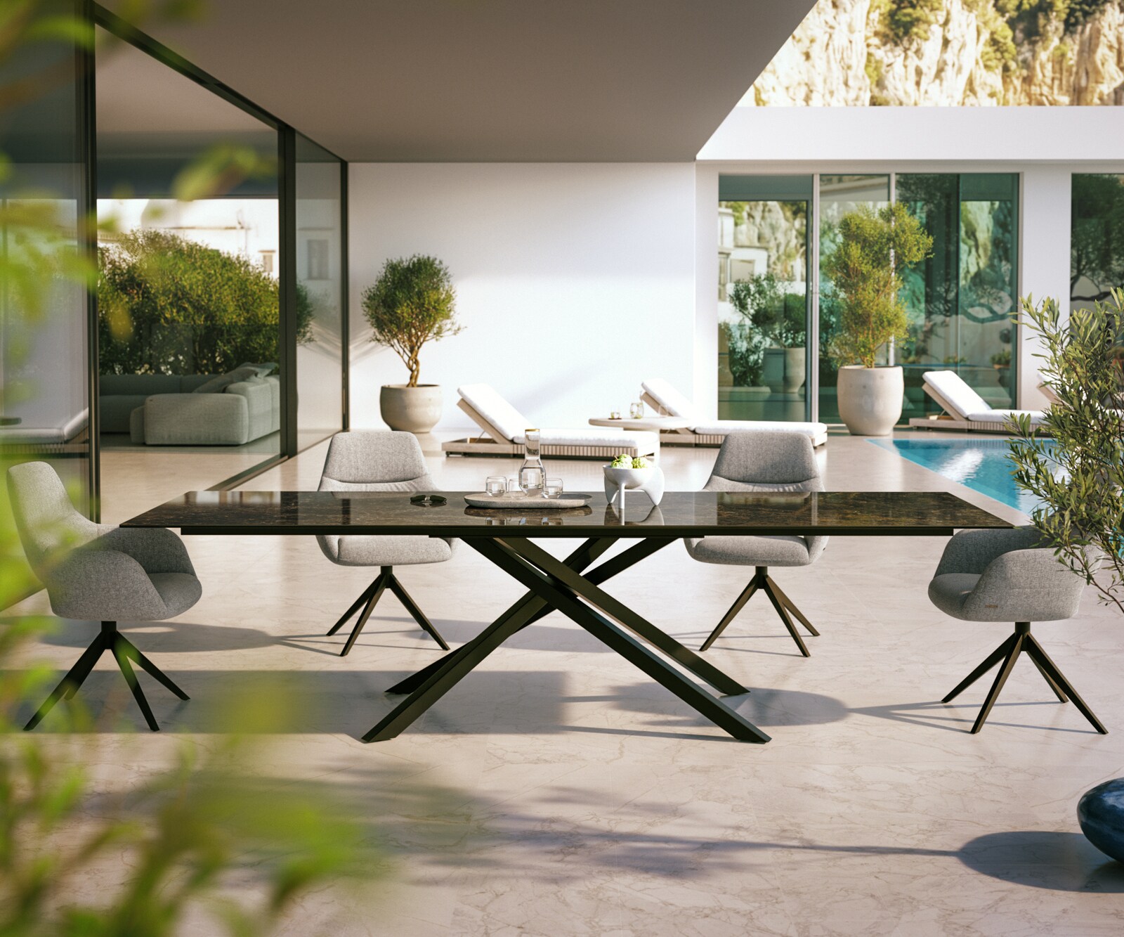 Маса Edge 300x100 см, керамика Laminam „®“, Подходяща за външна употреба, Emperador Extra Lucidato, тъмнокафяво, кръстосана рамка, правоъгълна, черна 2