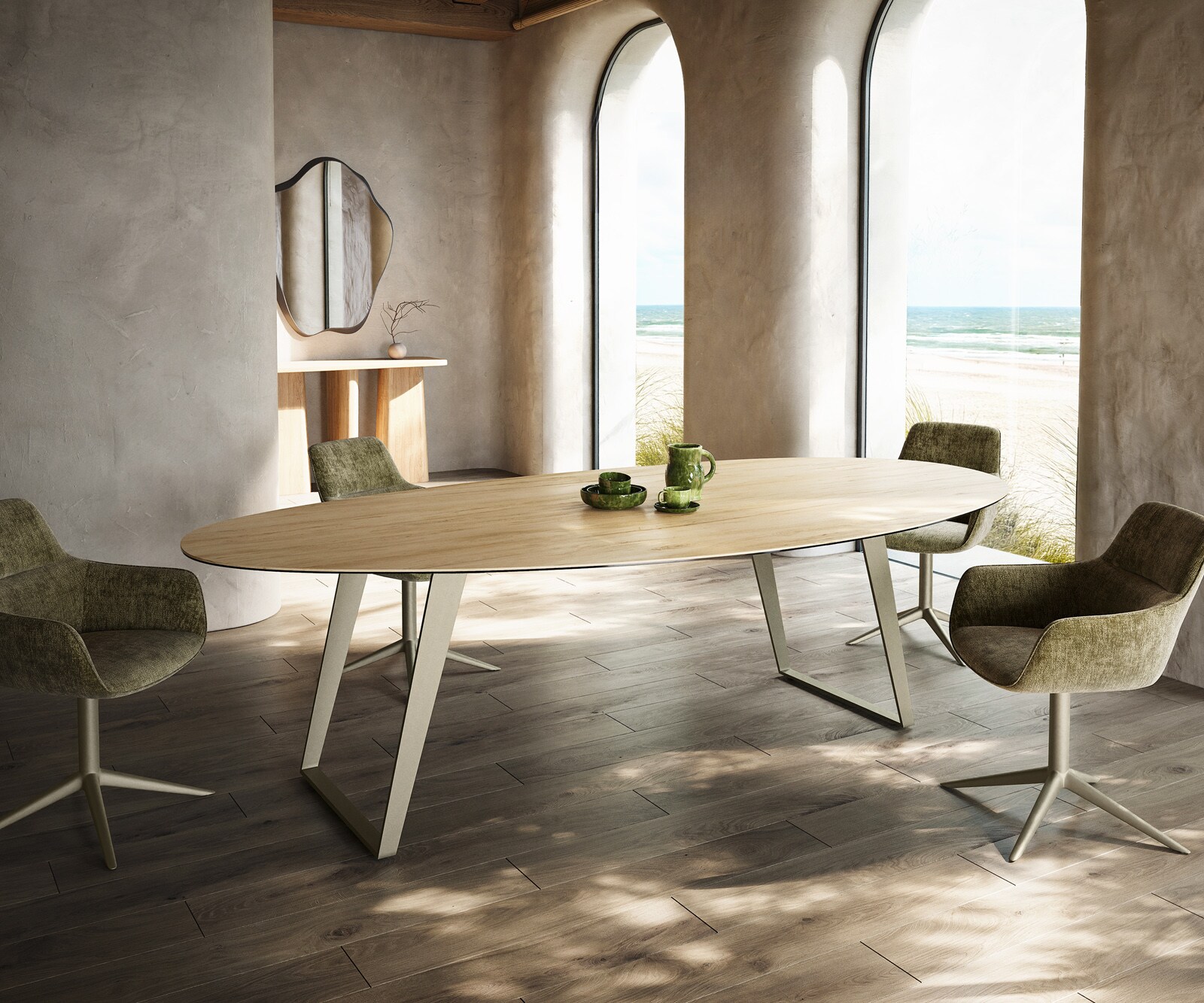 Трапезна маса Edge Oval 280x130 см, керамика Laminam „®“, цвят „Sabbia“ (дъбов), метал с наклонено покритие „Titan“ 1