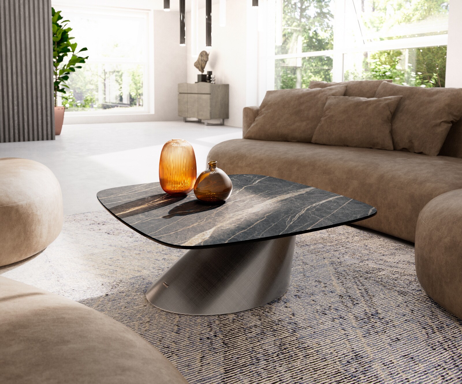 Масичка за кафе Edge Boot 90x90 cm керамика Laminam® Noir Desir Brown Conis Metallic Silver