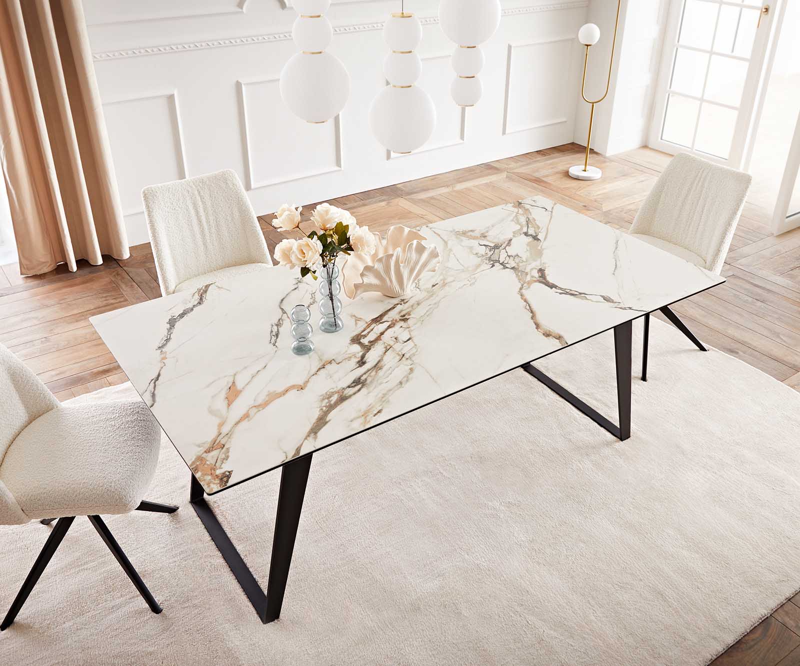 Маса 200x100 Keramik Calacatta Luxe Бял-Злато-Сив Метал под ъгъл Черен Edge 5