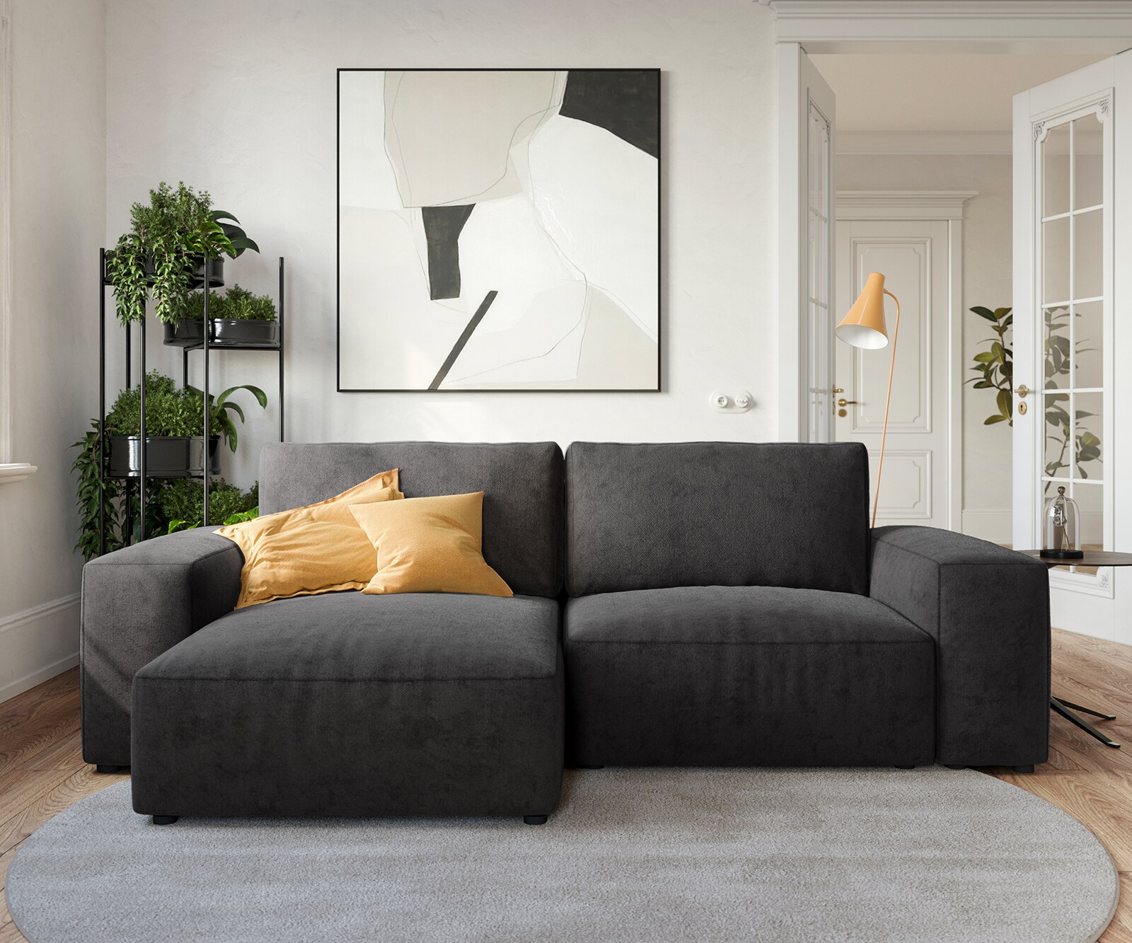Ъглов диван Lanzo L 230x155 см, Дамаска Микрофибър, Черен, Лява/Дясна Лежанка 1