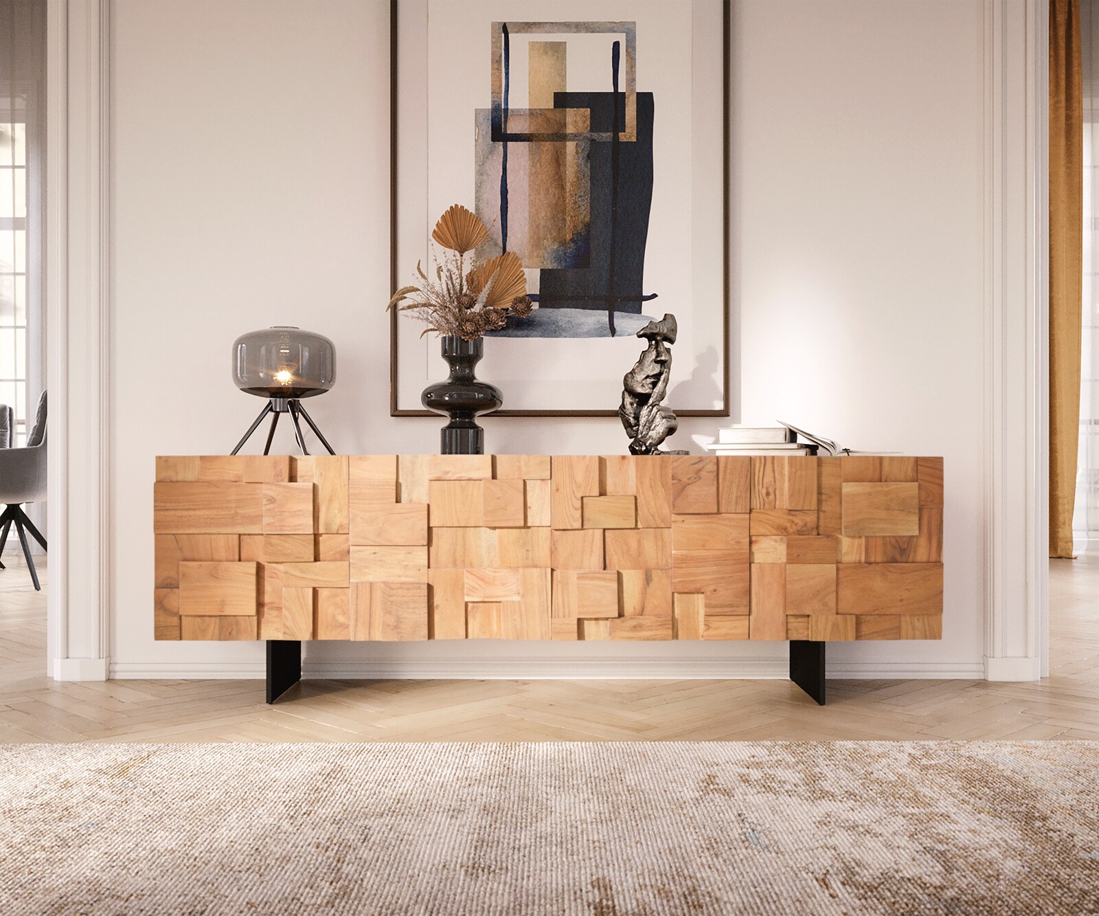 ТВ шкаф 175 cm 4 Врати Акация Натурал Крак висящ Метал Черен Puzzle 1 ТВ шкаф 175 cm 4 Врати Акация Натурал Крак висящ Метал Черен Puzzle 1