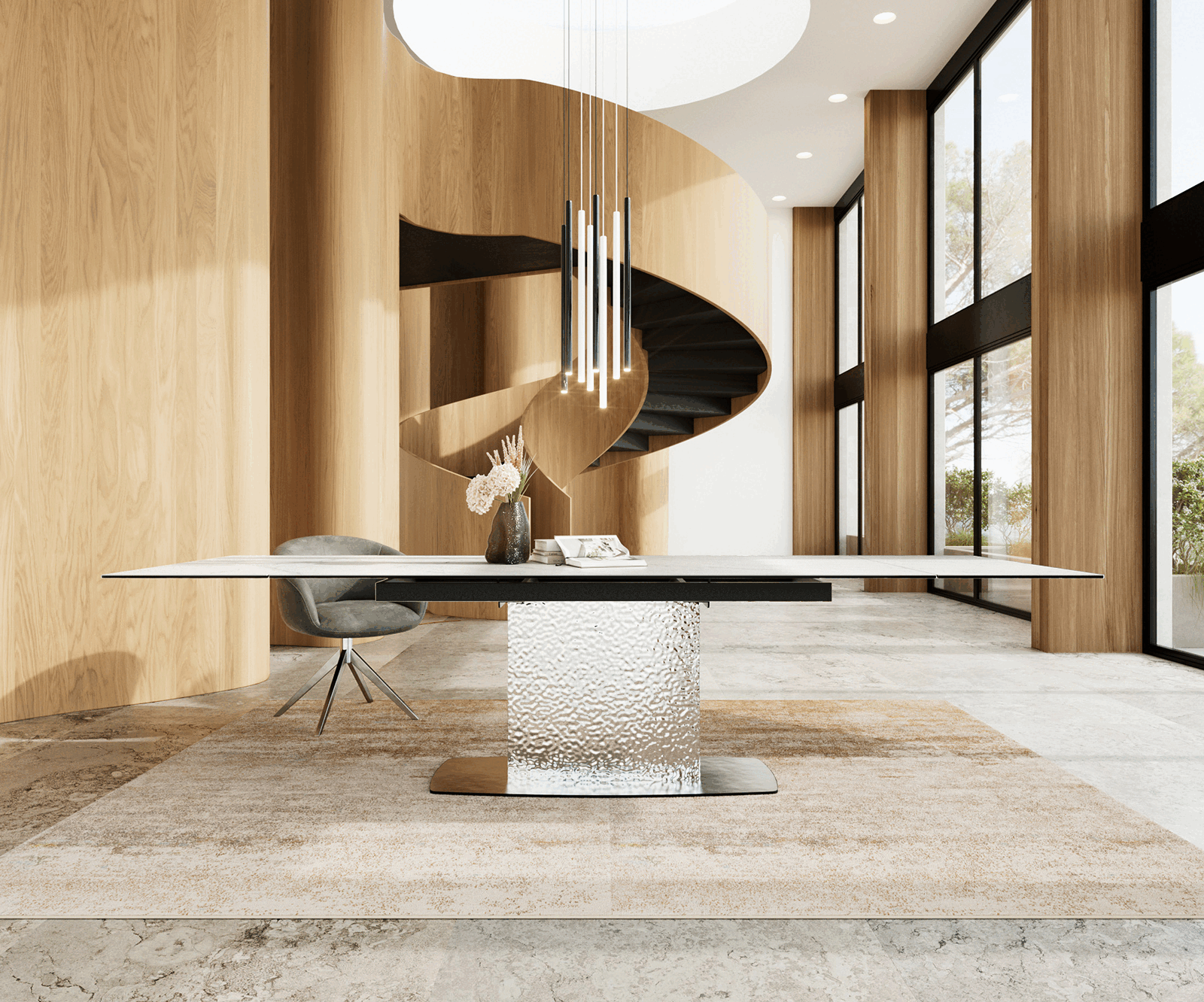 Разтегателна трапезна маса Edge 200-300х100 см Керамика Laminam®Statuarietto Бял Един крак основа Сребристосив 1