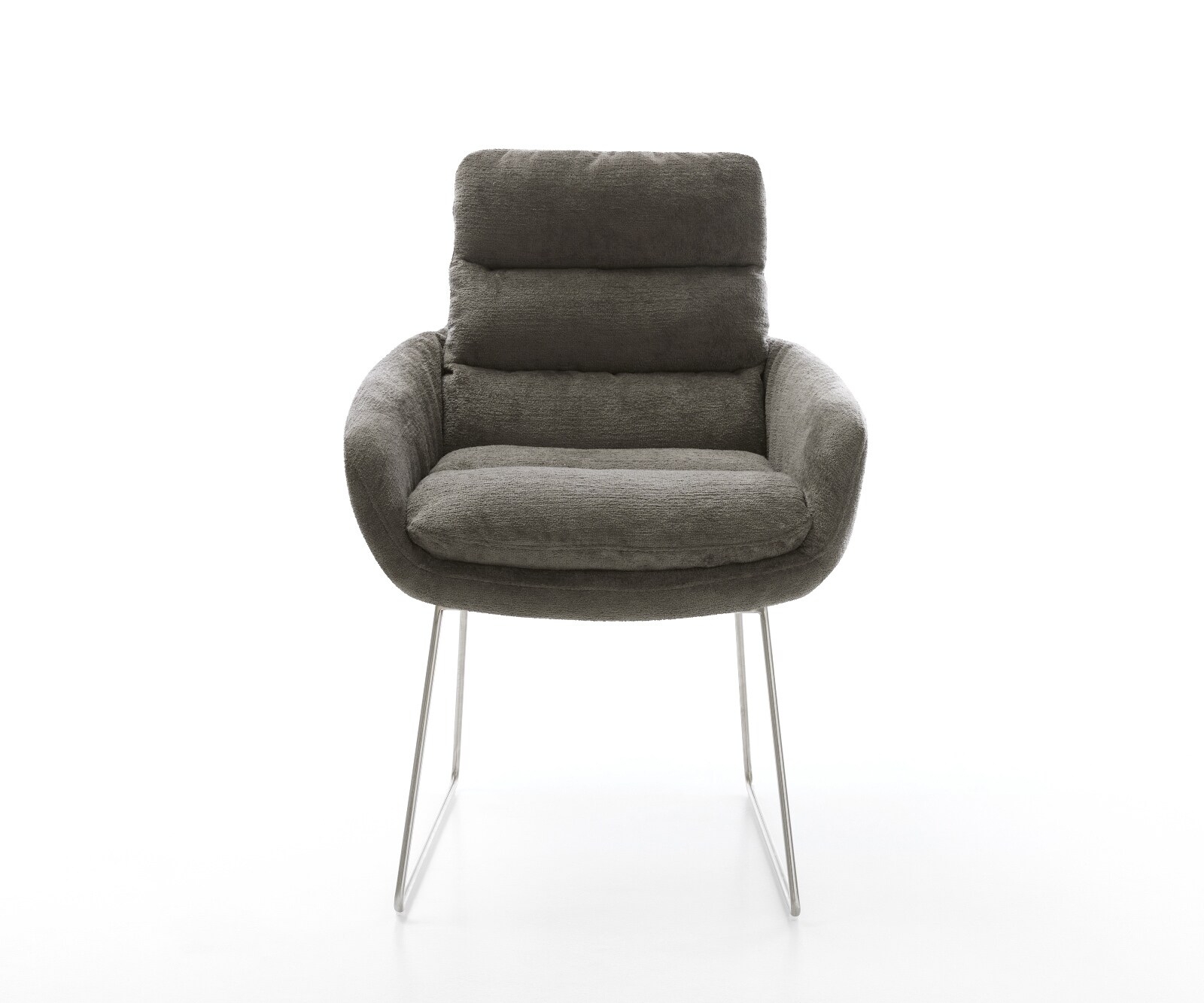 Трапезен стол Abelia-Flex с подлакътници Bouclé Soft Mud Основа за шейни от неръждаема стомана 2