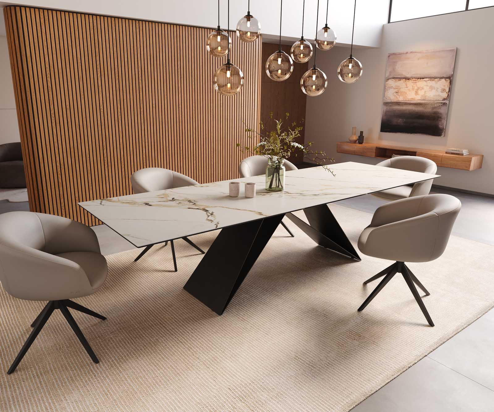 Трапезна маса Edge 300x100, керамика Calacatta Luxe, бяло-златно-сиво, V-образна рамка от плоска стомана, черна 8