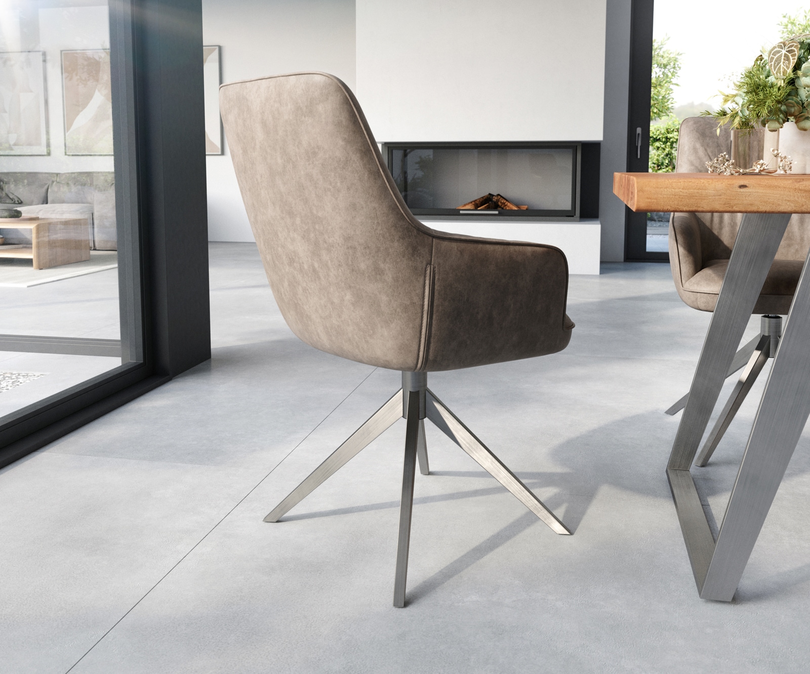 Врътящ се стол с подлакътници Таупе Винтидж Конус крак плосък Неръждаема стомана 360° въртящ се Покет пружина Zelia-Flex 5