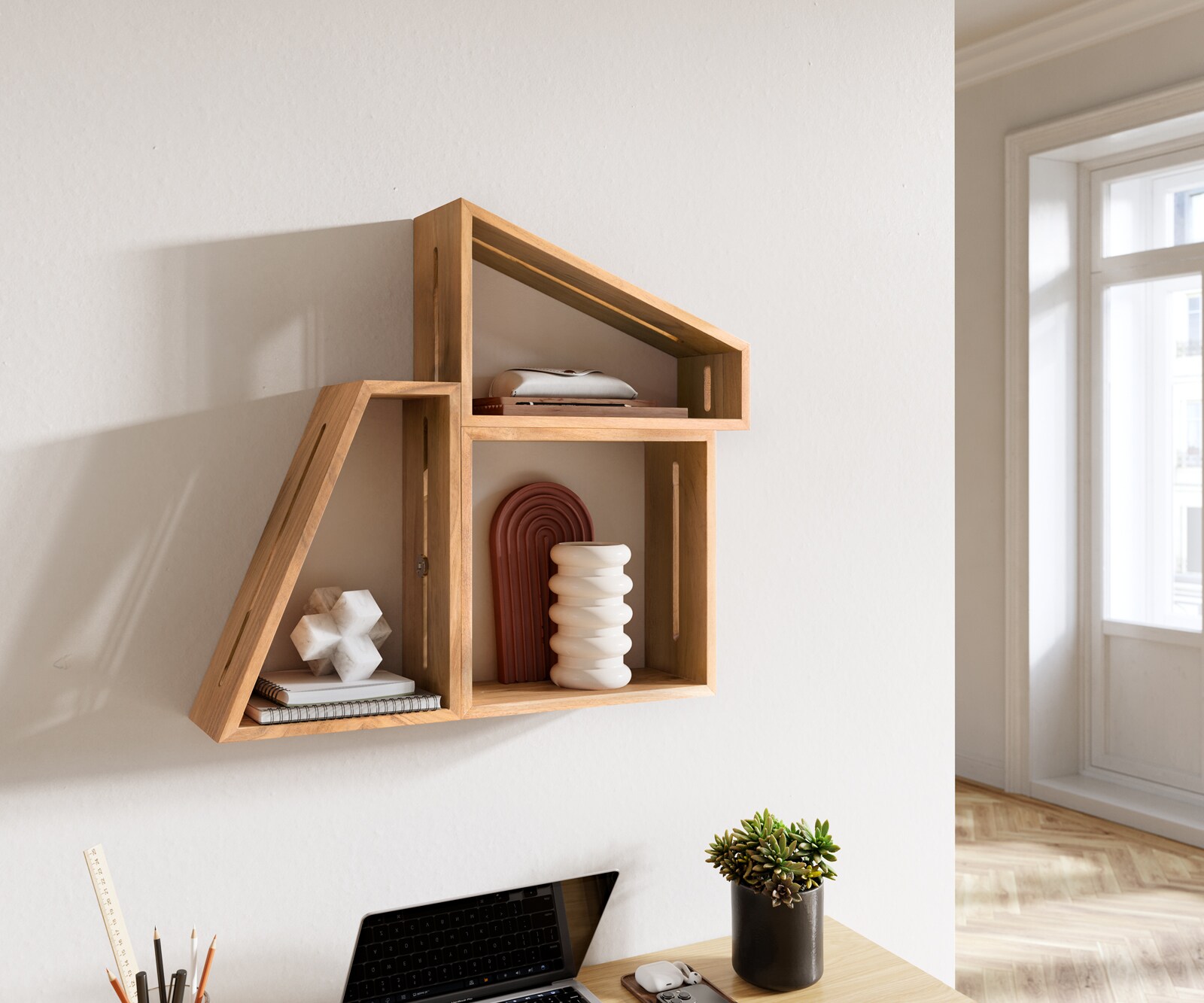 Комплект от 3 дизайнерски стенни рафта Wyatt 70x55 cm естествена акация