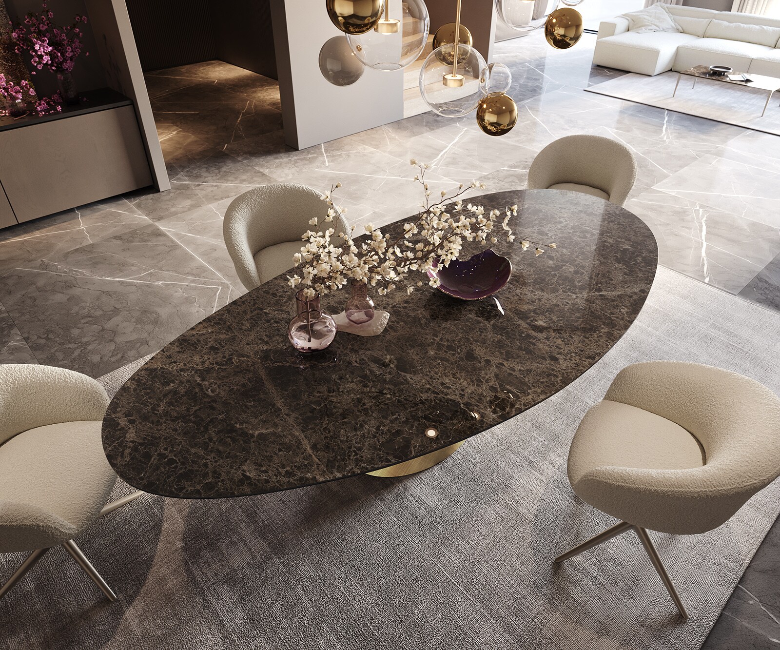Трапезна маса Edge Oval 280x130 Ceramic Laminam® Emperador Extra Lucidato Dark brown Cono Metallic Gold 3