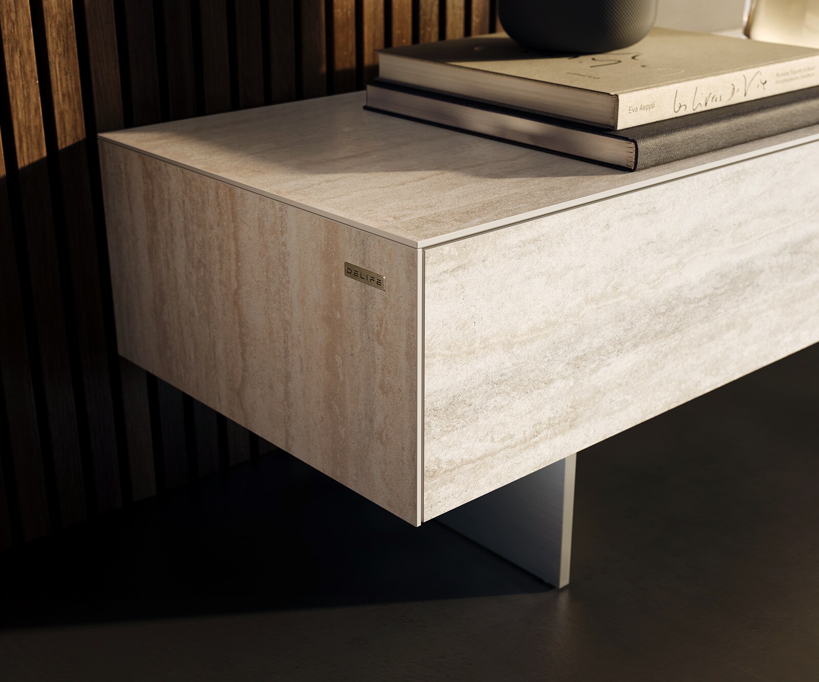 Ниска дъска Cuor 250 см Керамичен ламинат® Travertino Bianco Крем-бяло 1 клапа 1 чекмедже Основа Плаващ вид Неръждаема стомана 6