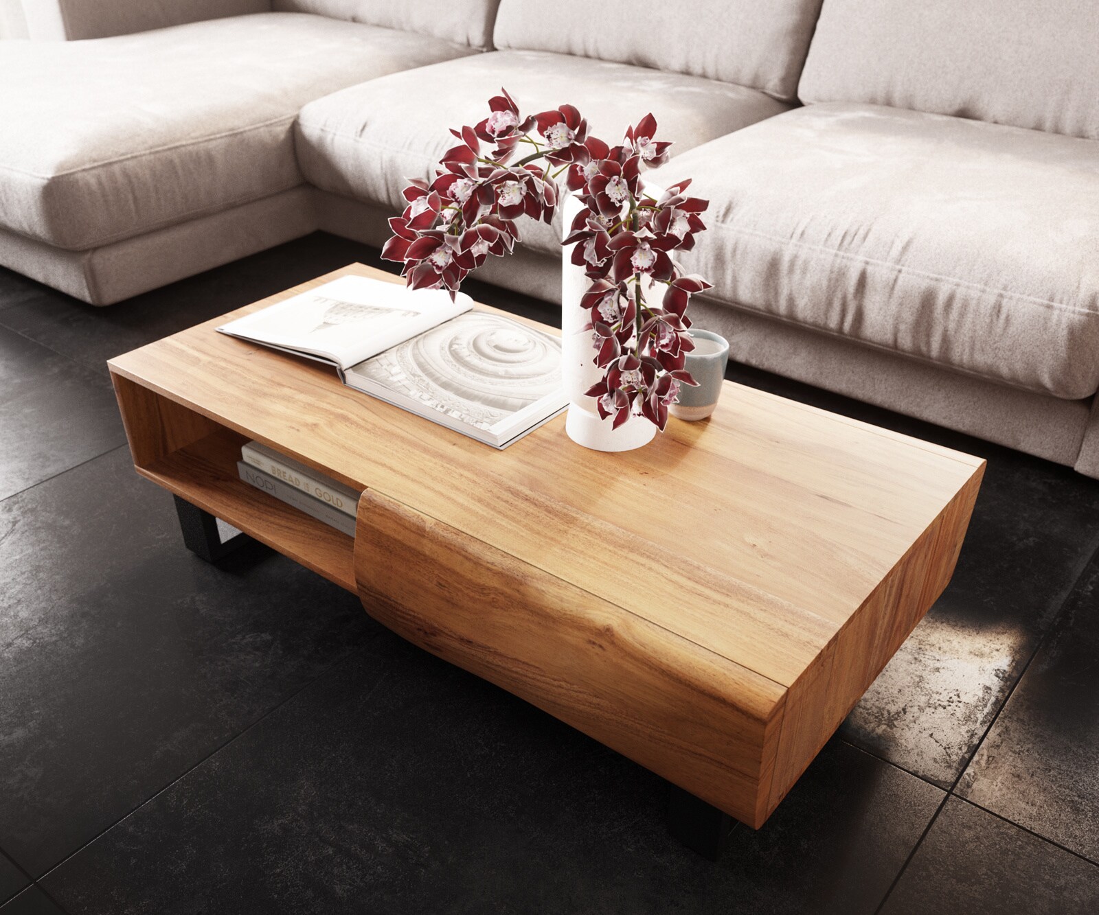 Масичка за кафе New Live-Edge 115x60 cm Acacia natural 2 чекмеджета 1 рафт Плъзгащ се метал черен 4