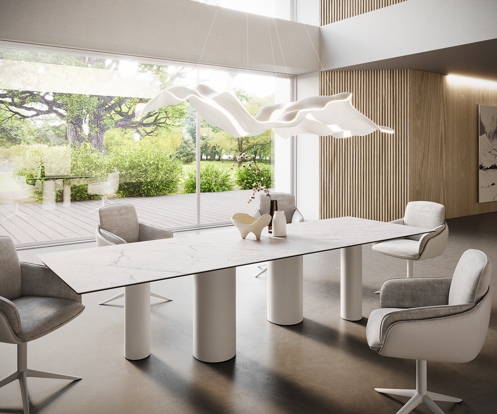 Трапезна маса Edge 300x100, керамика Laminam „®“, Statuarietto бяло, метални колони, бяло 1