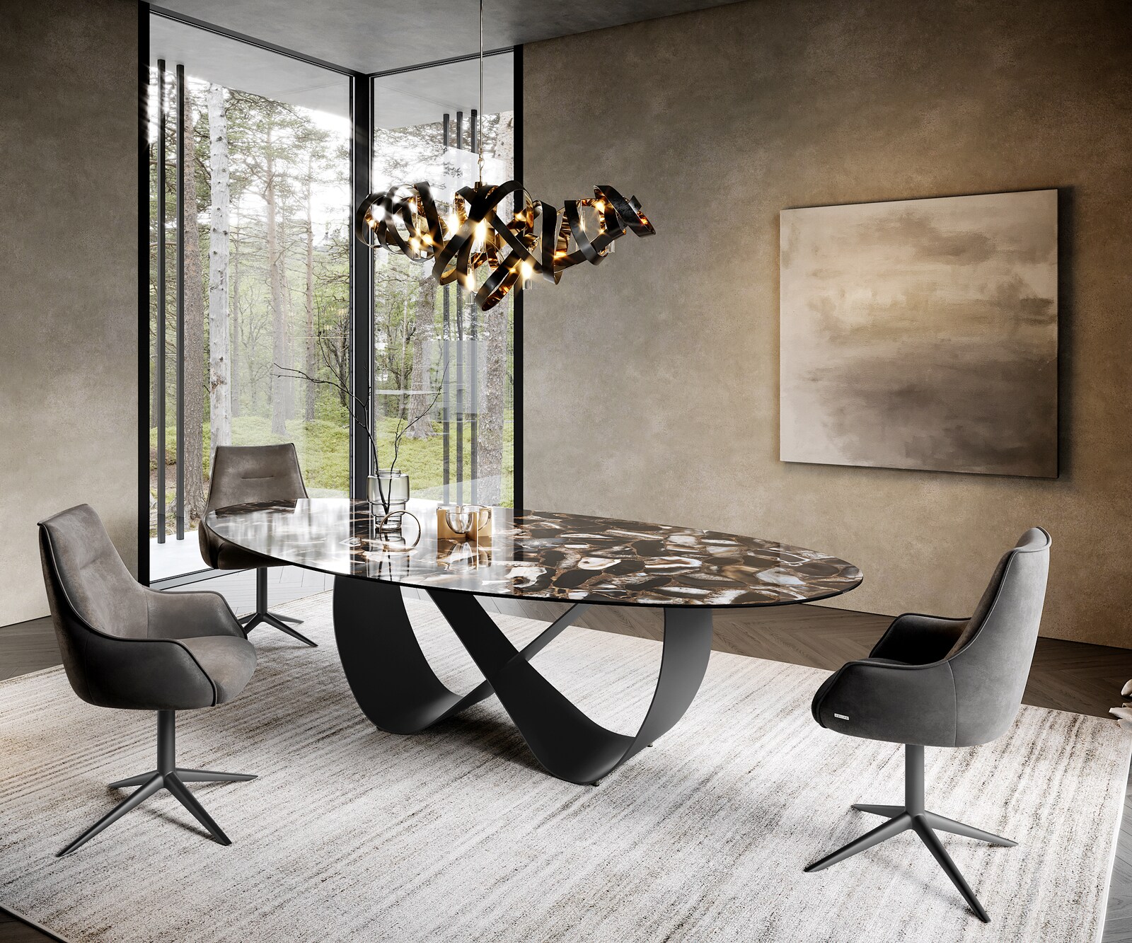 Трапезна маса Edge Oval 280x130 см, керамика Iris FMG Agatablack Infinity, метал в черно 7