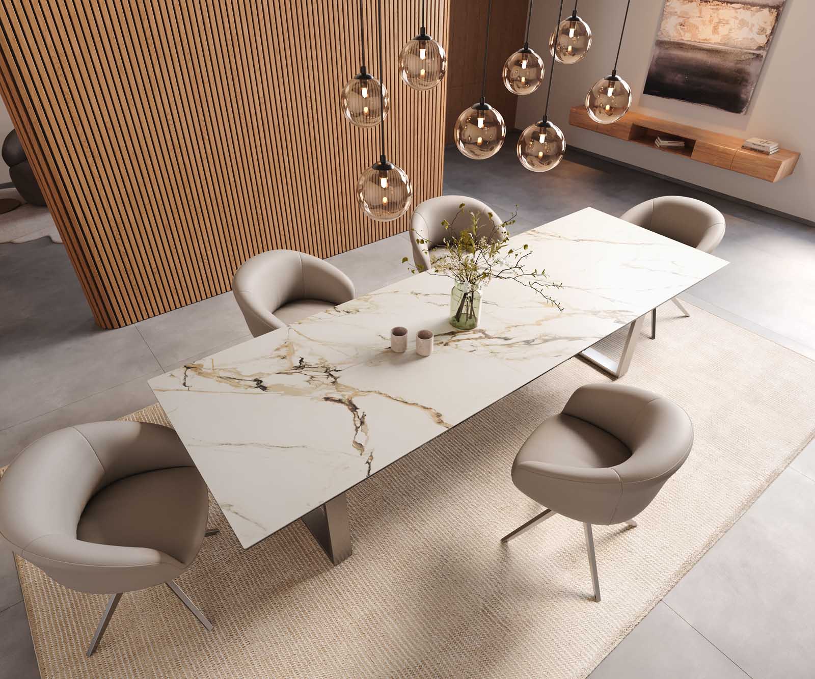 Трапезна маса Edge 300x100, керамика Calacatta Luxe, бяло-златно-сиво, неръждаема стомана, тясна 6