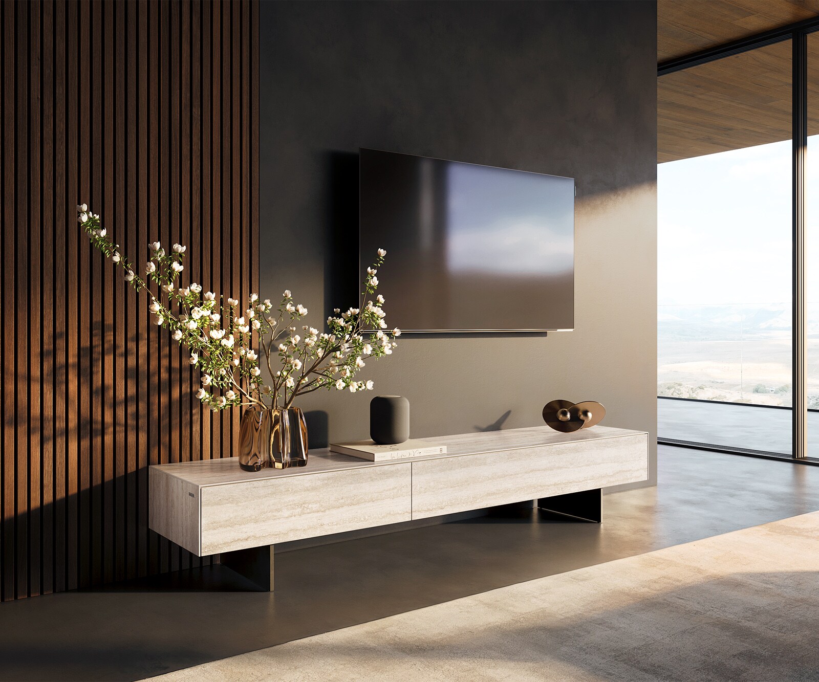 Ниска дъска Cuor 200 cm Керамичен ламинат® Travertino Bianco Крем-бяло 1 клапа 1 чекмедже Основа Окачен поглед Метал черен