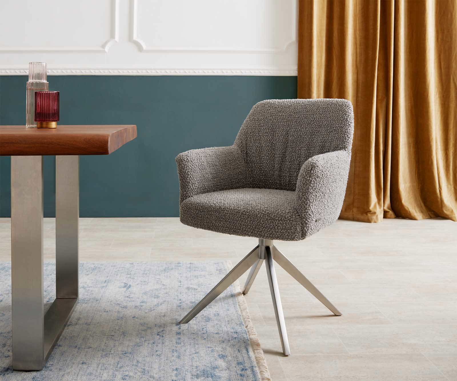 Врътящ се стол с подлакътници Букле СребристСив Конус крак плосък Неръждаема стомана 360° въртящ се Покет пружина Xana-Flex Врътящ се стол с подлакътници Букле СребристСив Конус крак плосък Неръждаема стомана 360° въртящ се Покет пружина Xana-Flex