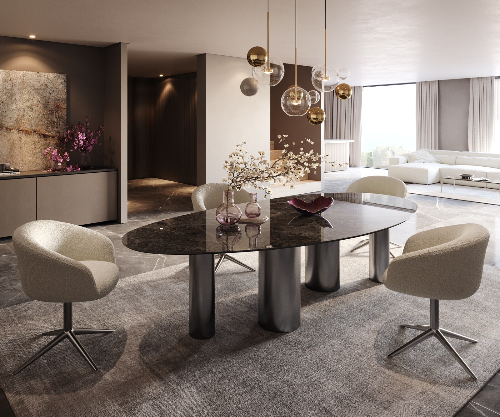 Трапезна маса Edge Oval 280x130, керамика Laminam „®“, Emperador Extra Lucidato, тъмнокафяво, Pilier, неръждаема стомана, графит 6