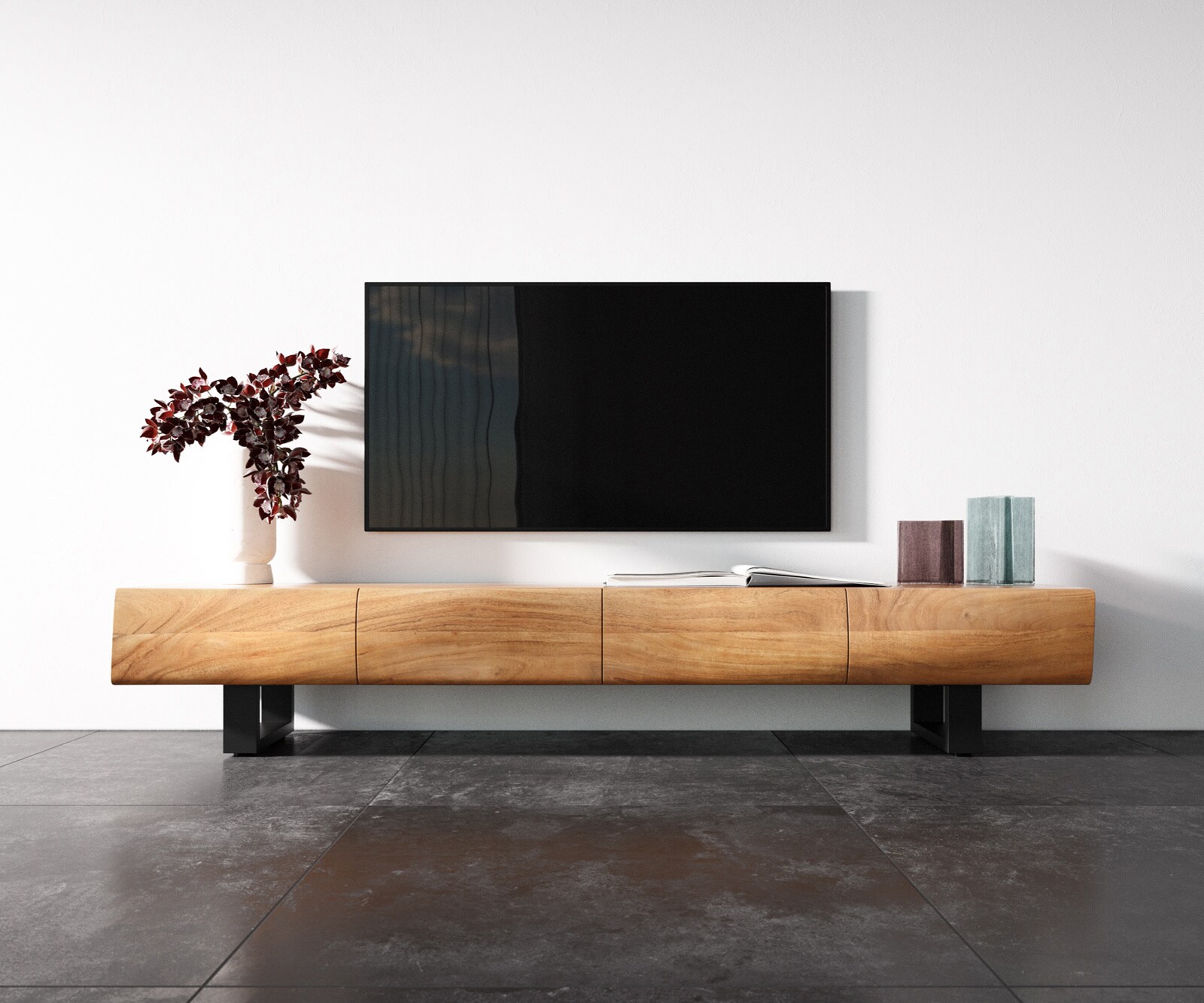 Ниска дъска New Live-Edge 200 cm акация естествена 4 вратички метален бегач черен 3