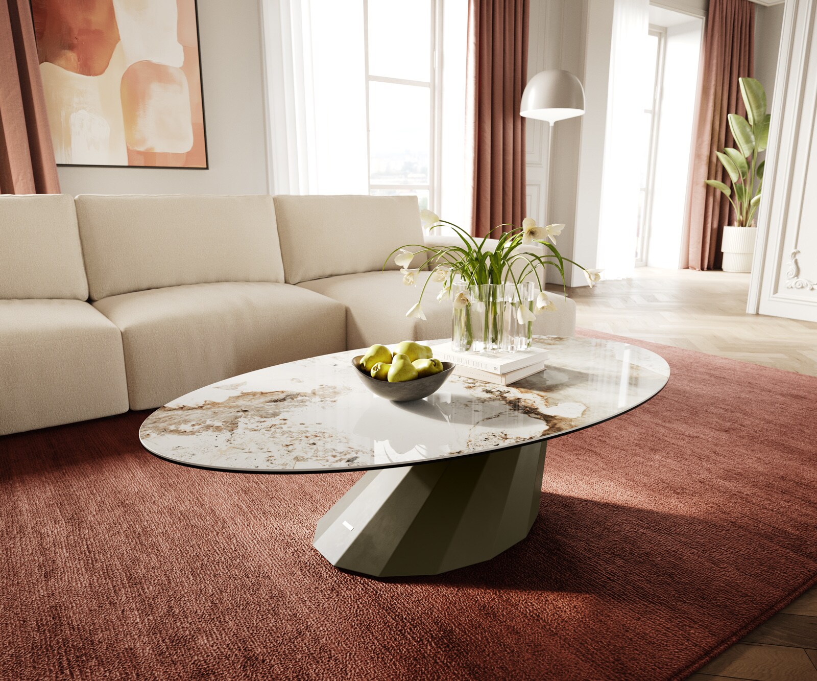 Масичка за кафе Edge Oval 140x80 cm керамика Minas Melange Parabi метален ефект покритие титан 1