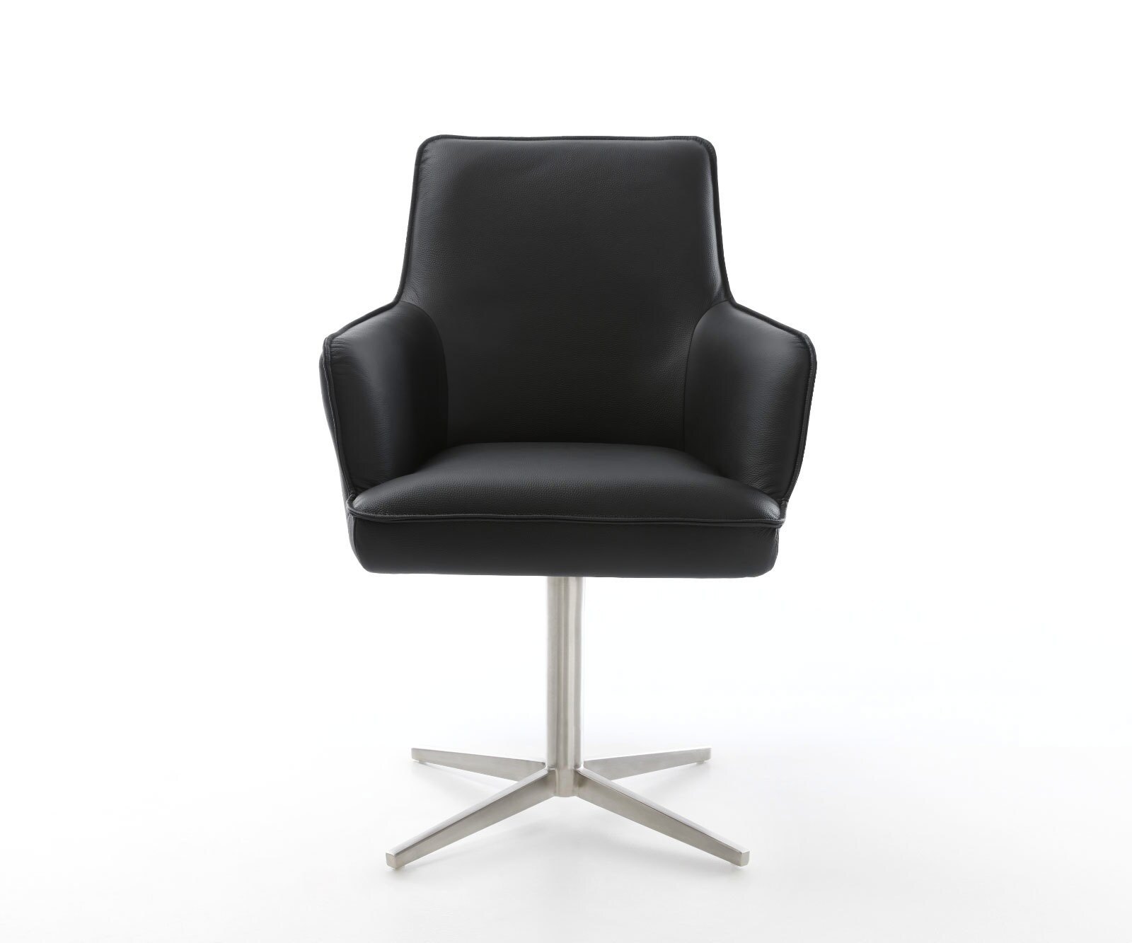 Врътящ се стол с подлакътници Естествена кожа Черен Офис основа Неръждаема стомана 360° въртящ се Покет пружина Heira-Flex 2