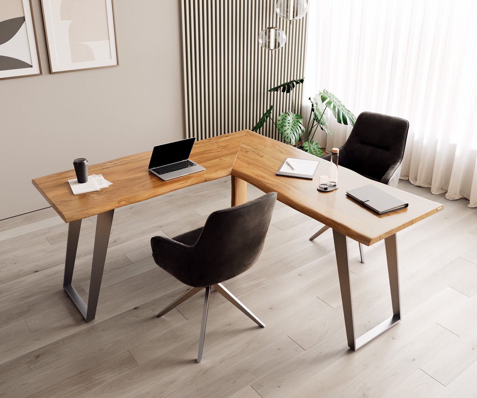 Бюро Live-Edge 170x170 естествена акациева рамка сребърен дървесен ръб 5