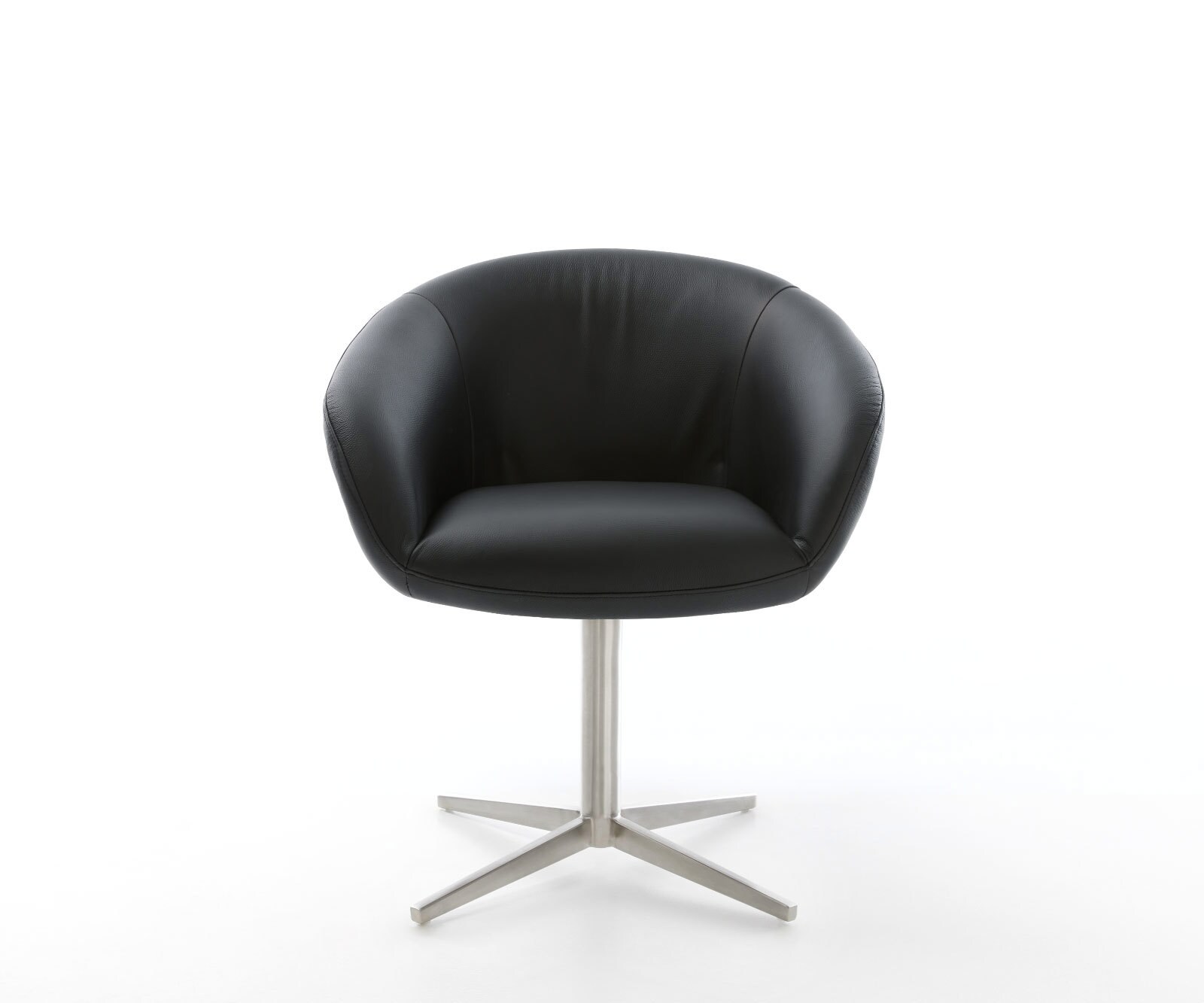 Врътящ се стол с подлакътници Естествена кожа Черен Офис основа Неръждаема стомана 360° въртящ се Покет пружина Vinka-Flex 2