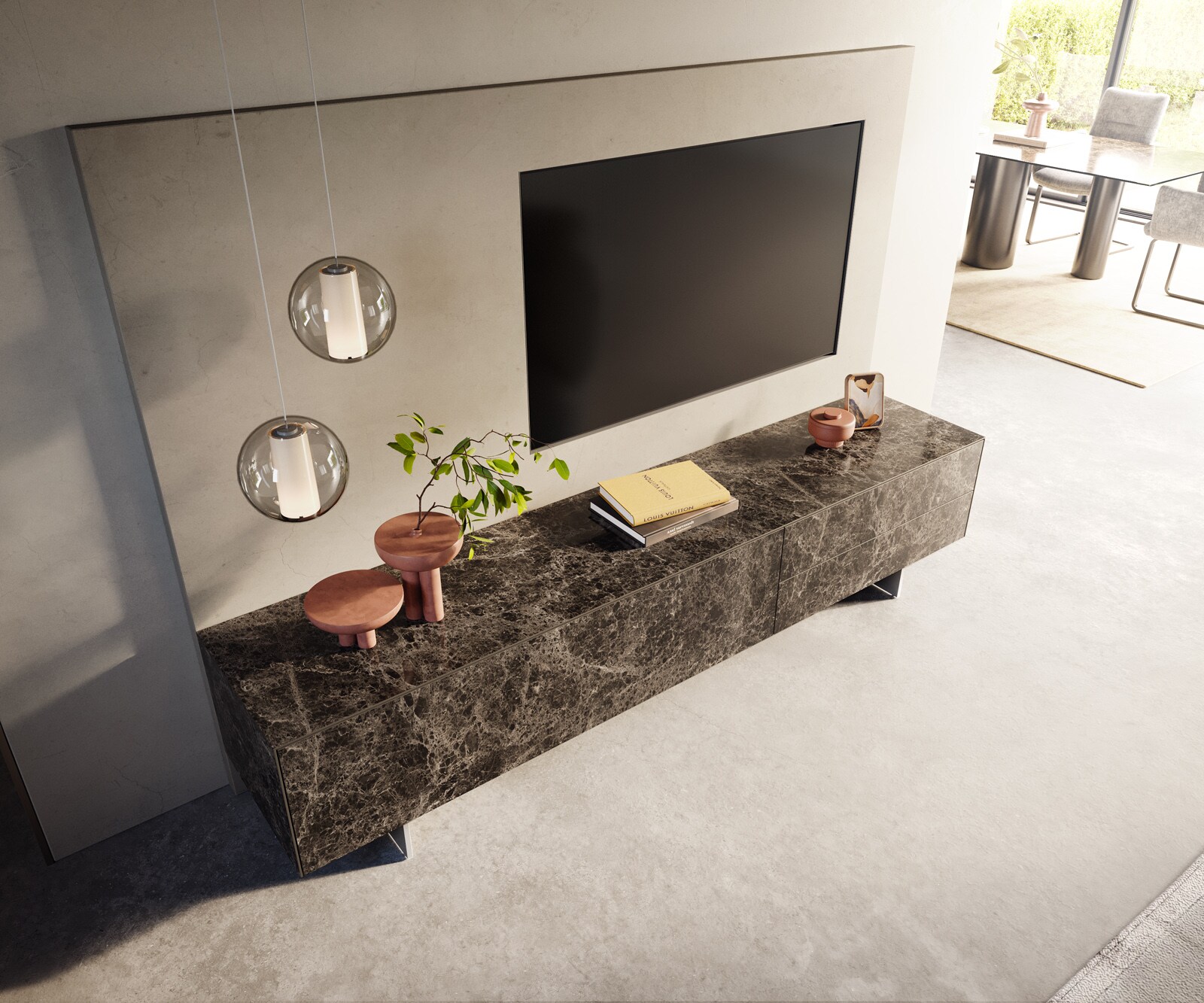ТВ шкаф Cuor 220 см Керамика Laminam® Emperador Extra Lucidato Тъмно-кафяво 1 врата 2 чекмеджета Основа Неръждаема стомана 3