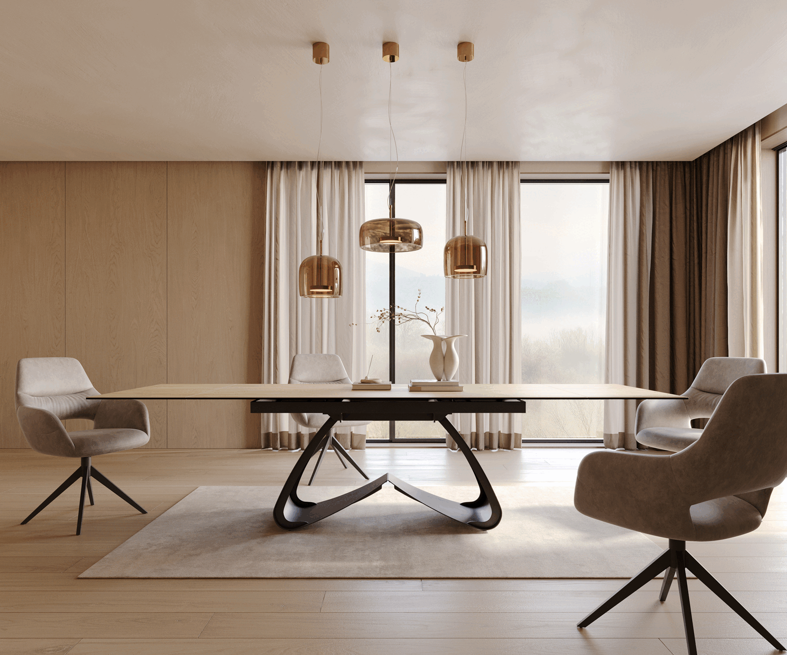 Разтегателна трапезна маса Edge 200-300х100 см Керамика Laminam® Sabbia Цвят Дъб W-образна основа Черен 2