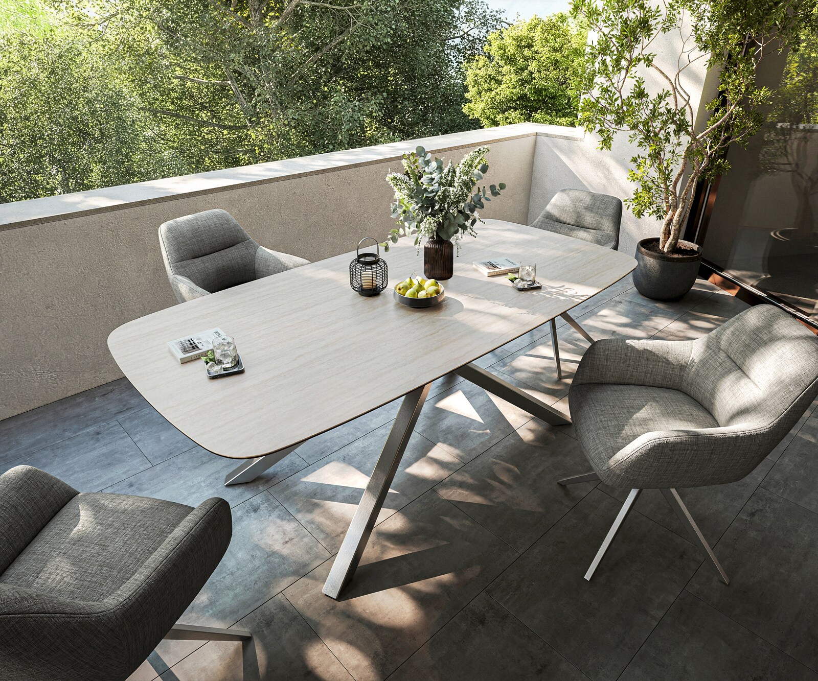 Луксозна външна маса Edge Boot 200x100 см керамичен заоблен плот Laminam ® Travertino Bianco, Кръстовидна основа, Крем-бяло/Сребристосив 3