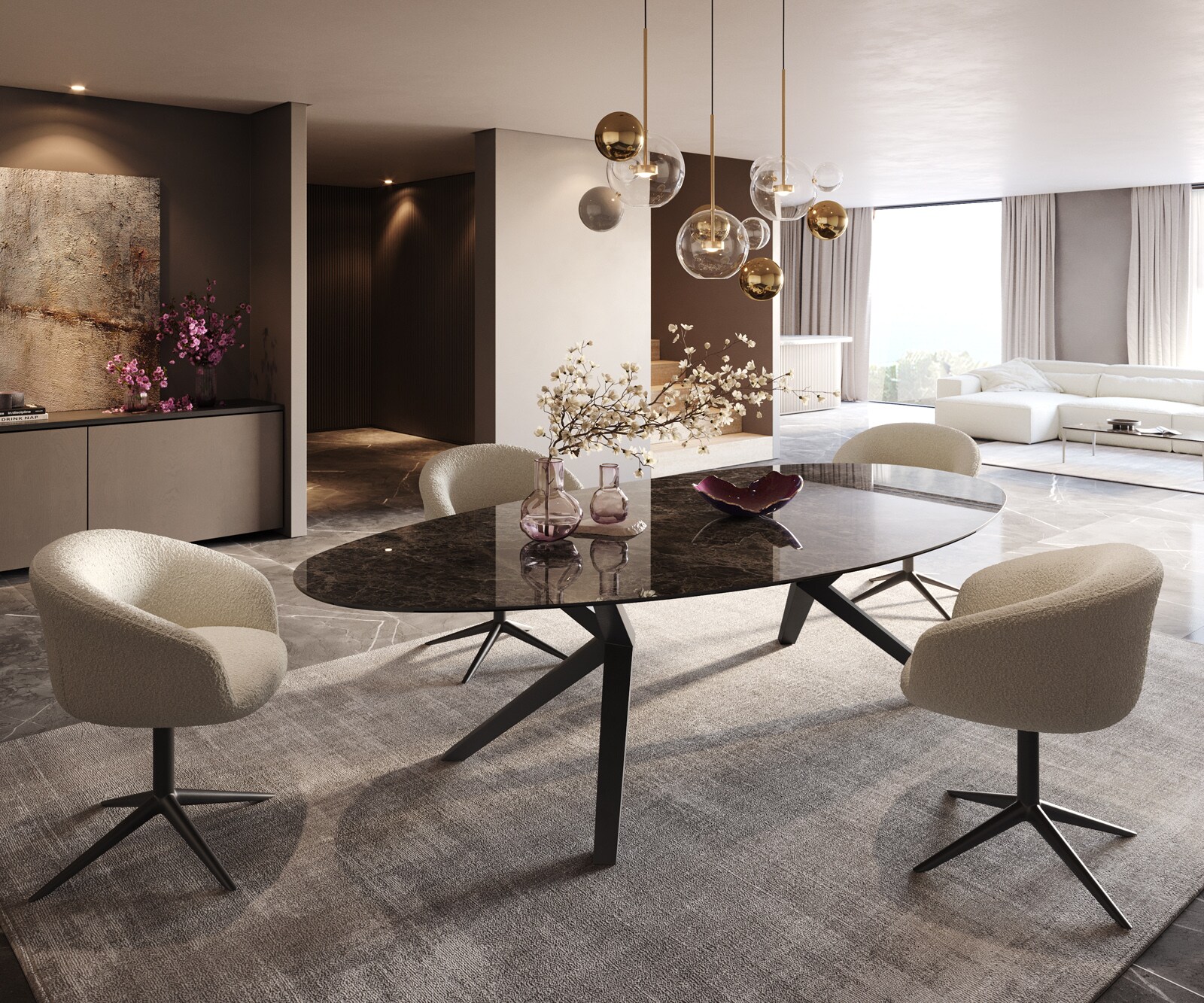 Трапезна маса Edge Oval 280x130, керамика Laminam „®“, Emperador Extra Lucidato, тъмнокафяво, Zenthara, с остри ръбове, метал, черно 5