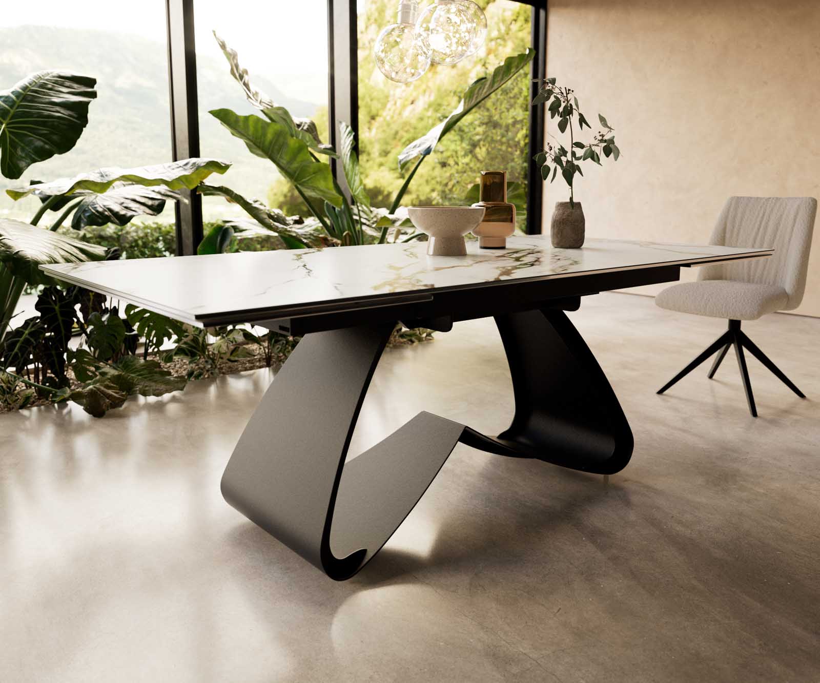 Разтегателна трапезна маса Edge 200-300x100 см Керамика Calacatta Luxe Бял-Злато-Сив W-образна основа Черен 6