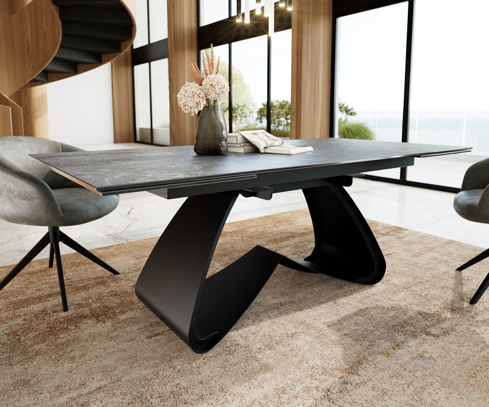 Разтегателна трапезна маса Edge 200-300х100 см Керамика Laminam® Nero Greco Антрацит W-образна основа Черен 3