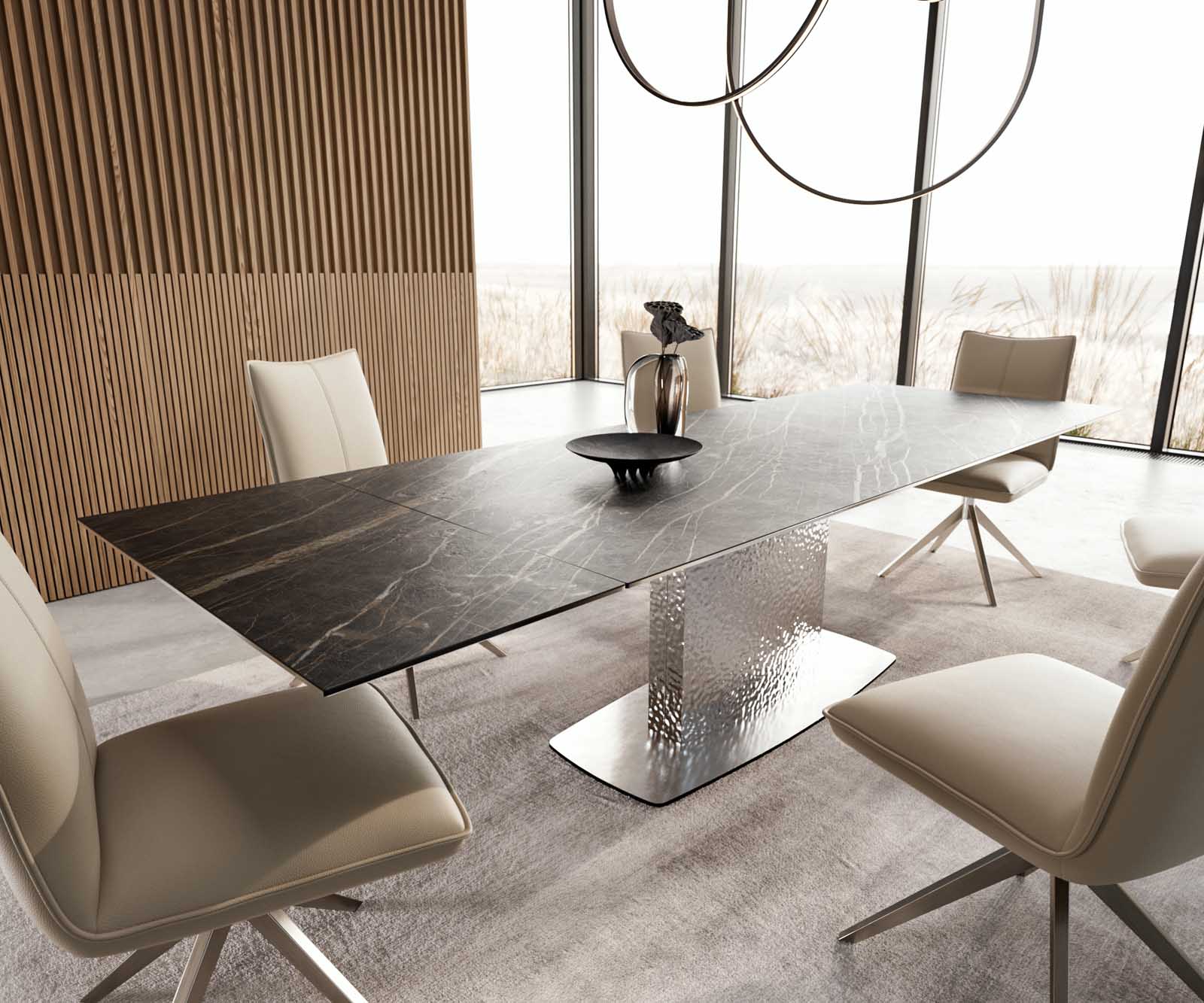 Разтегателна трапезна маса Edge 200-300х100 см Керамика Laminam®Noir Desir Тъмнокафяв Един крак основа Сребристосив